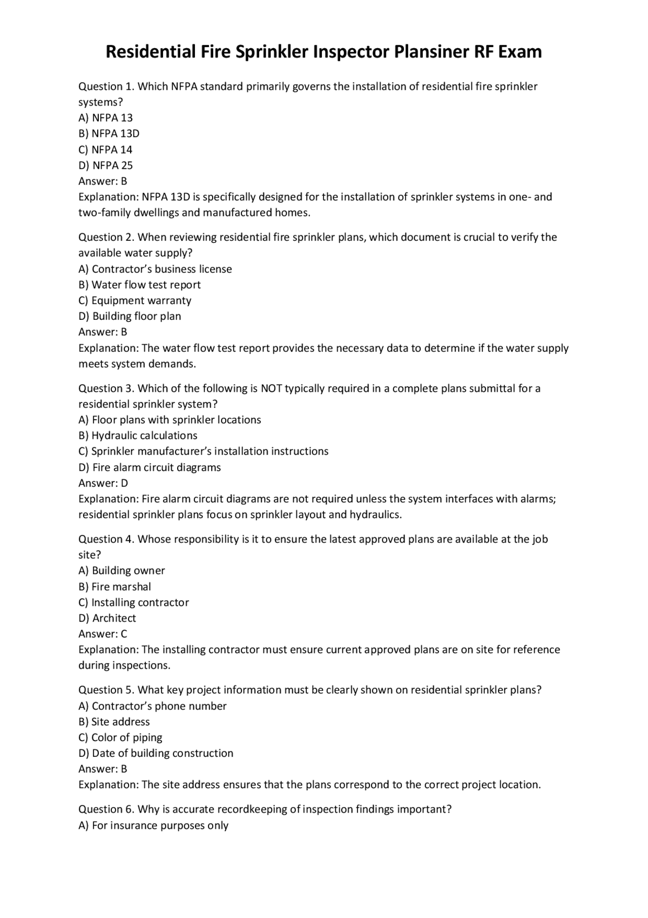Residential Fire Sprinkler Inspector RF Exam Questions and Answers ...