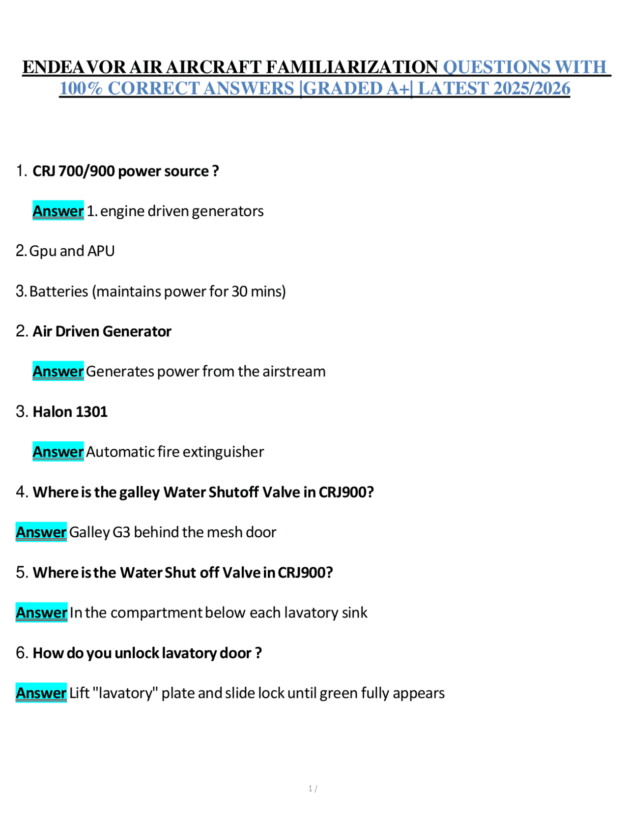 ENDEAVOR AIR AIRCRAFT FAMILIARIZATION QUESTIONS WITH 100% CORRECT ...