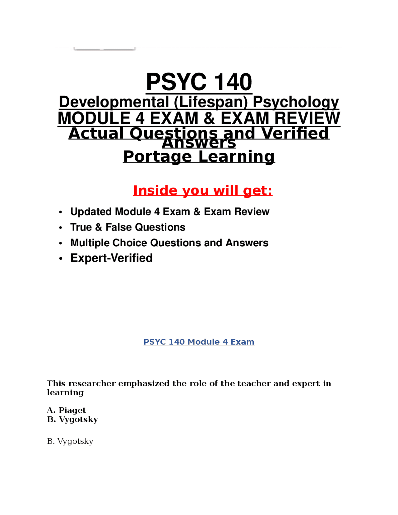 PSYC 140 Module 4 Exam Review | Developmental Psychology Test | Instant ...