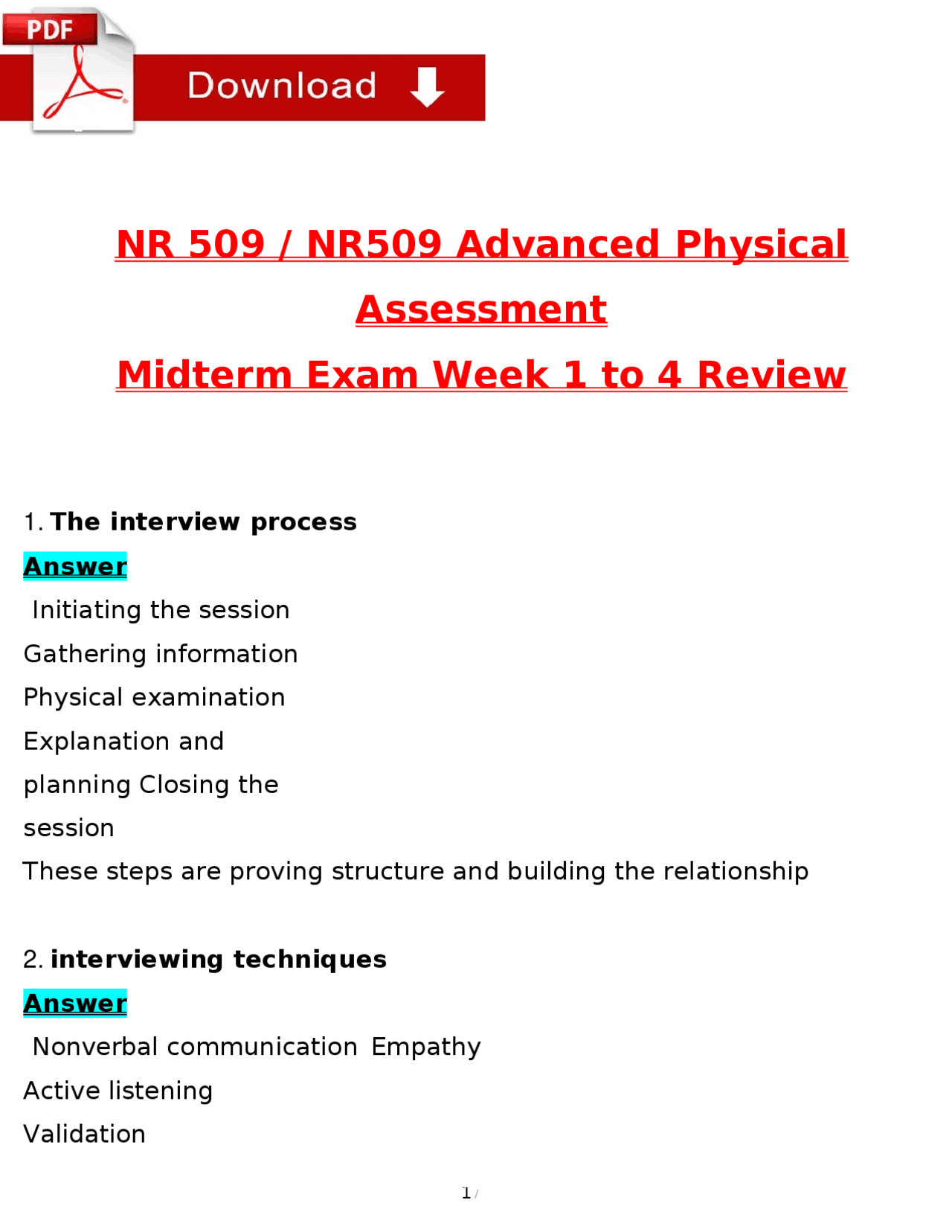 NR 509 / NR509 Advanced Physical Assessment Midterm Exam Week 1–4 ...