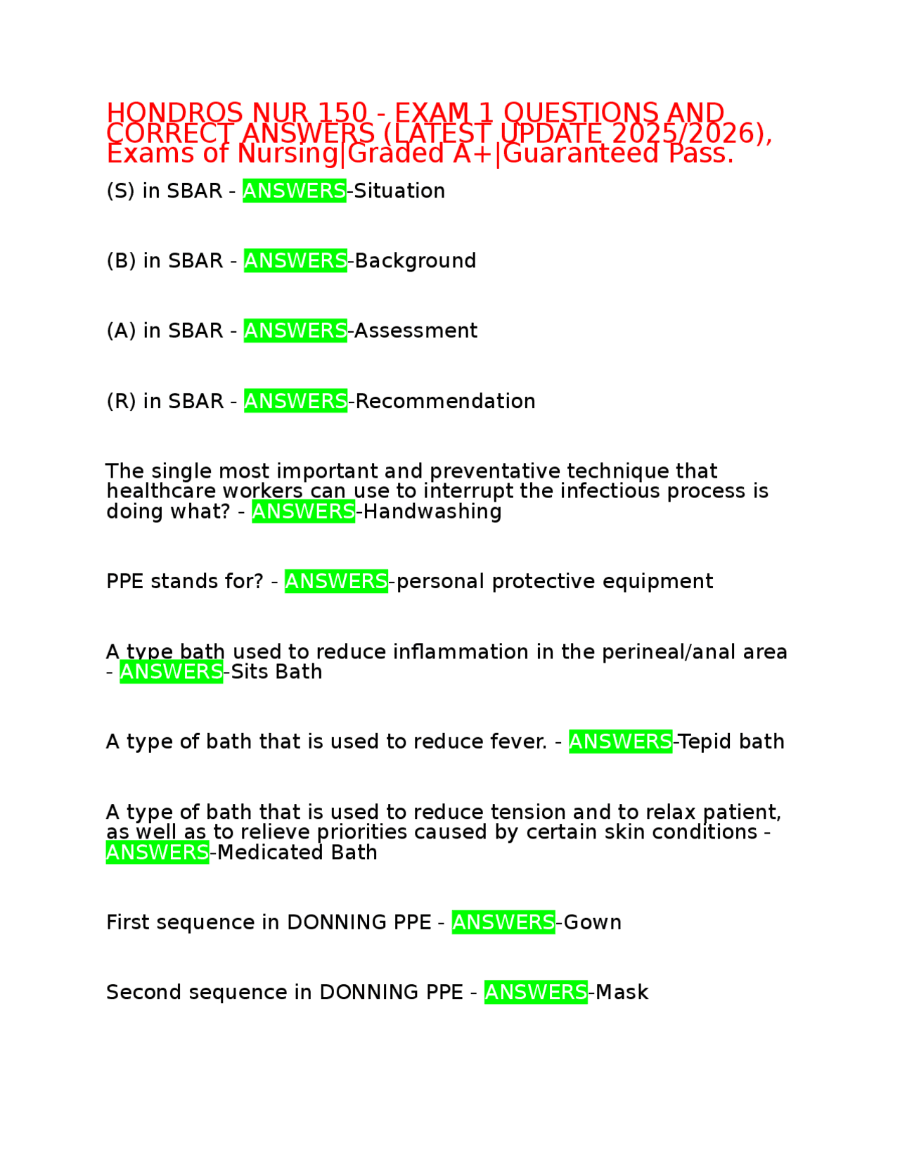 HONDROS NUR 150 - EXAM 1 QUESTIONS AND CORRECT ANSWERS (LATEST UPDATE ...