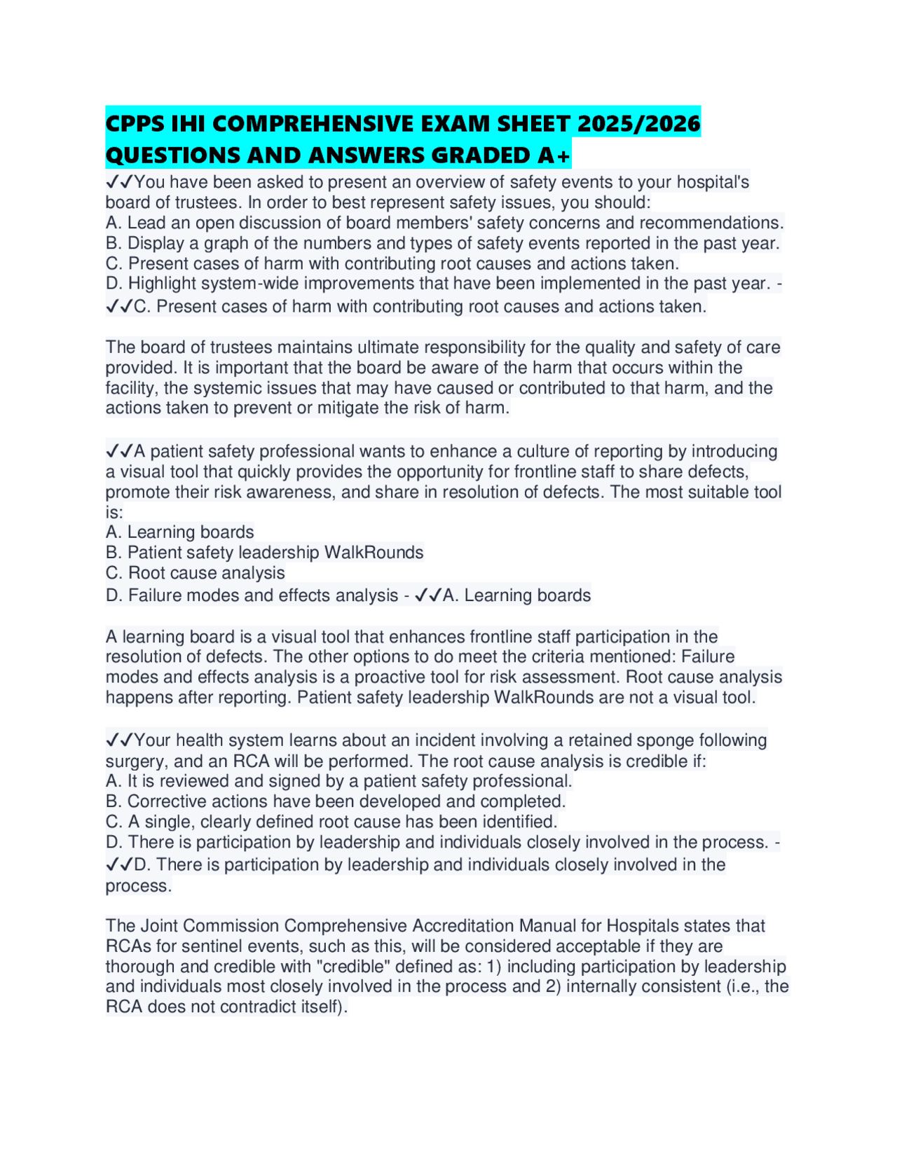 CPPS IHI COMPREHENSIVE EXAM SHEET 2025/2026 QUESTIONS AND ANSWERS ...