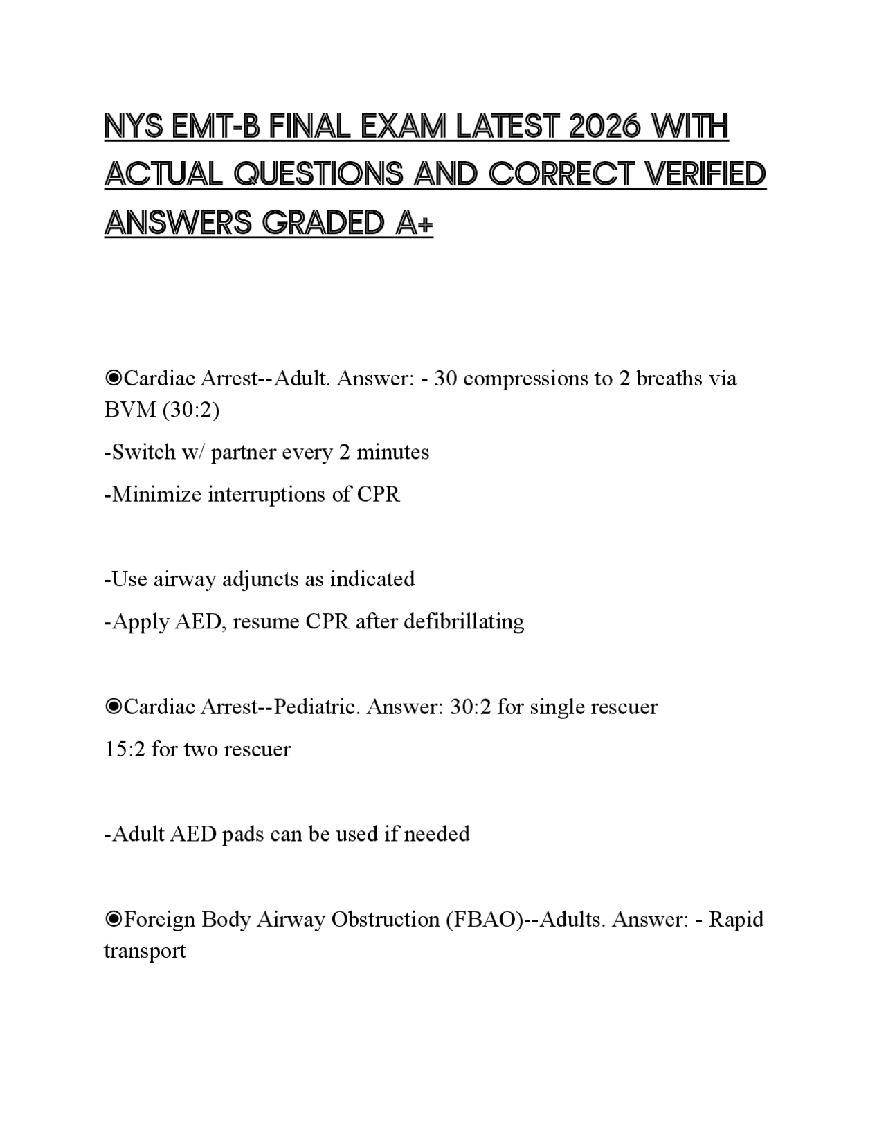 NYS EMT-B FINAL EXAM LATEST 2026 WITH ACTUAL QUESTIONS AND CORRECT ...