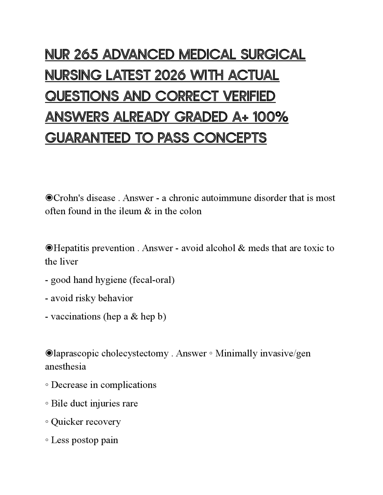 NUR 265 ADVANCED MEDICAL SURGICAL NURSING LATEST 2026 WITH ACTUAL ...