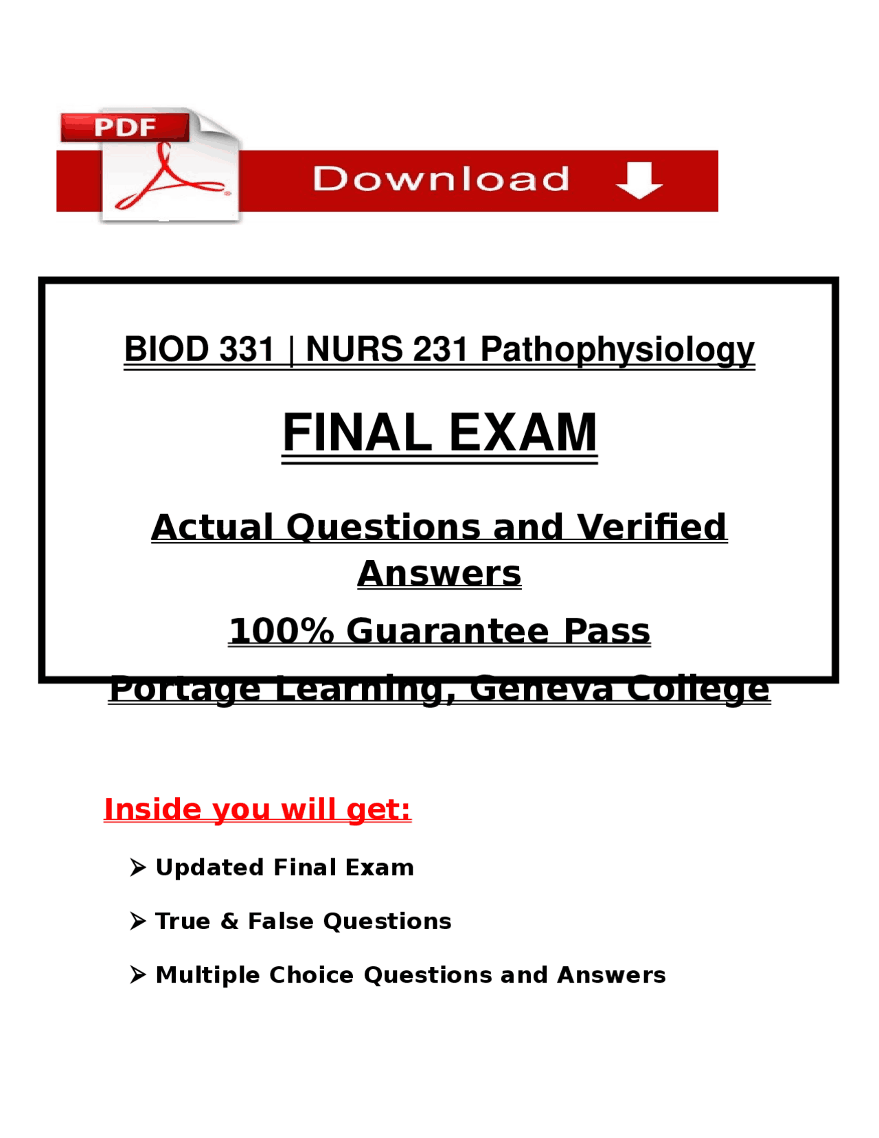 BIOD 331 | NURS 231 Pathophysiology Final Exam 2025/2026 | Portage ...
