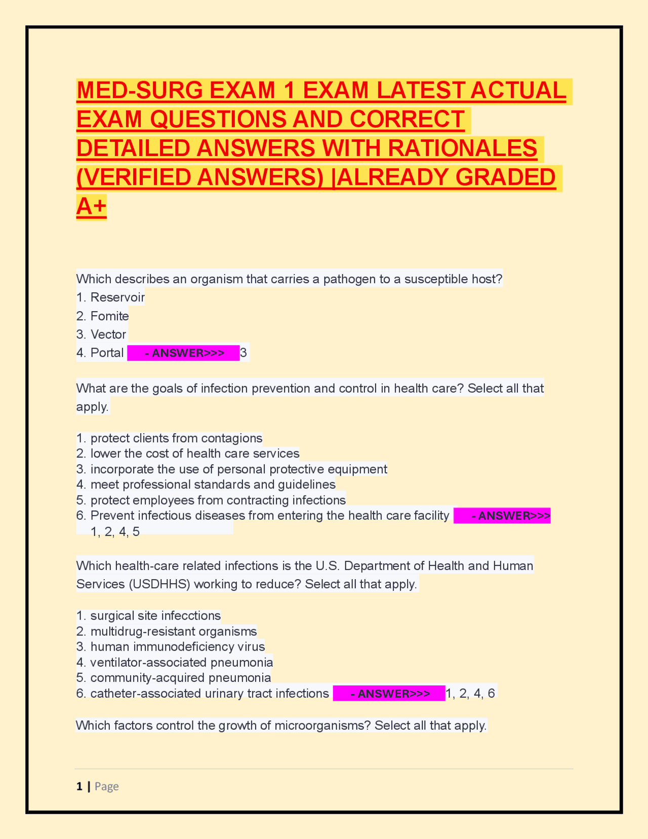 MED-SURG EXAM 1 EXAM LATEST ACTUAL EXAM QUESTIONS AND CORRECT DETAILED ...