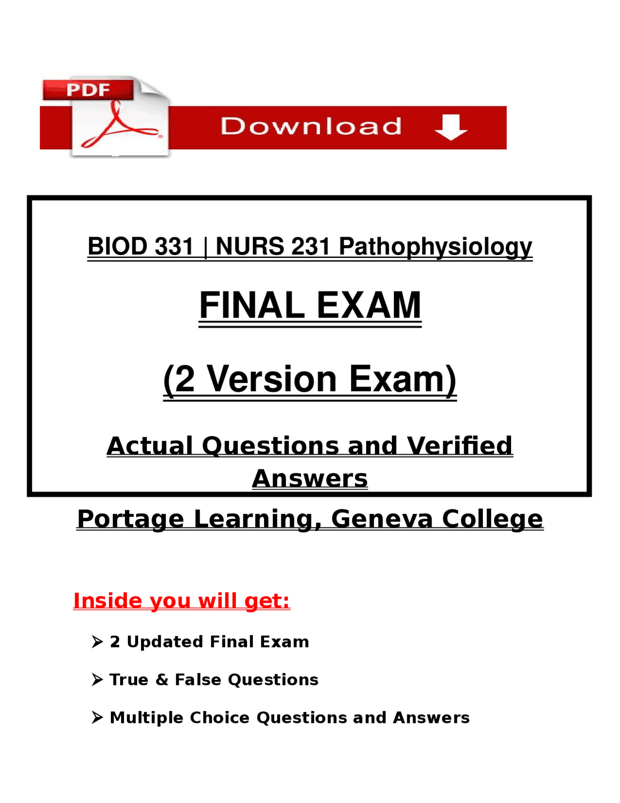 BIOD 331 | NURS 231 Pathophysiology Final Exam (2 Versions) 2025/2026 ...