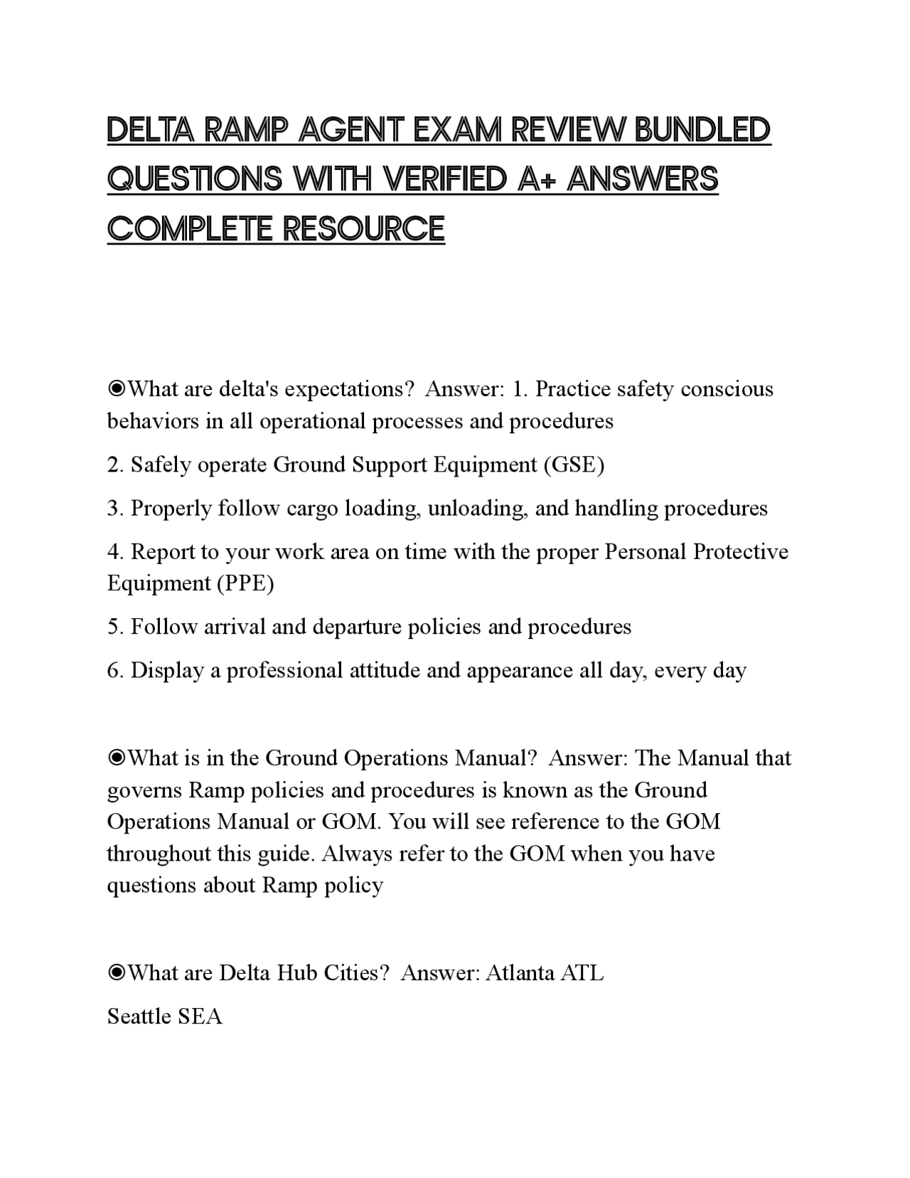 DELTA RAMP AGENT EXAM REVIEW BUNDLED QUESTIONS WITH VERIFIED A+ ANSWERS COMPLETE RESOURC | Exams ...