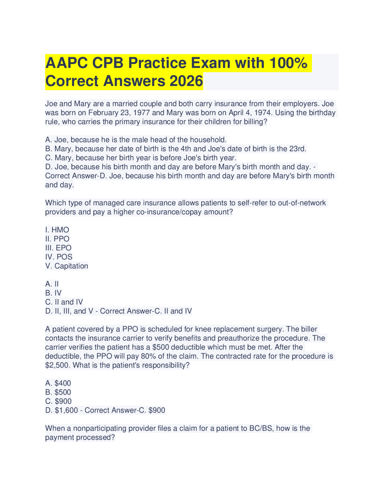 AAPC CPB Practice Exam with 100% Correct Answers 2026 | Exams Advanced ...