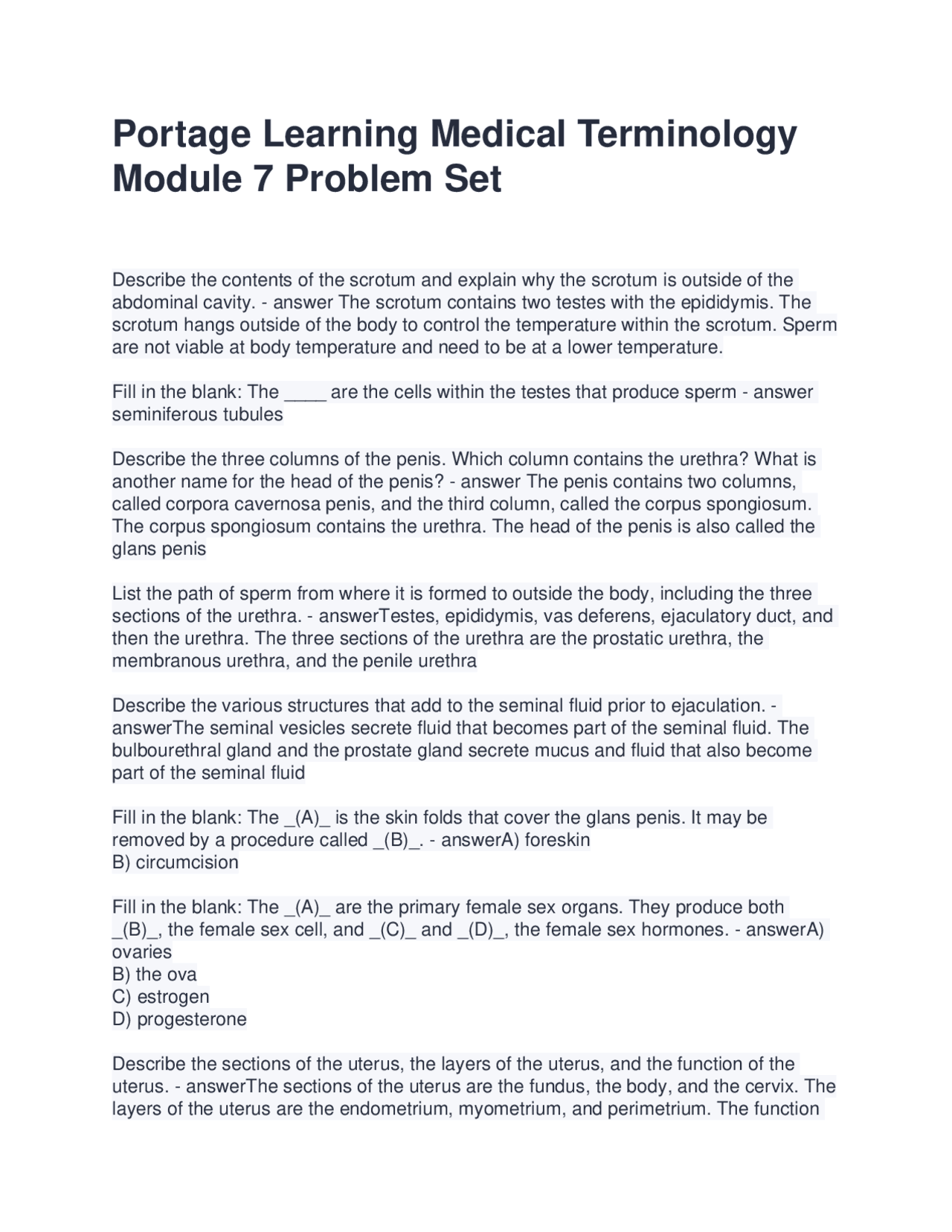 Portage Learning Medical Terminology Module 7 Problem Set. Questions ...