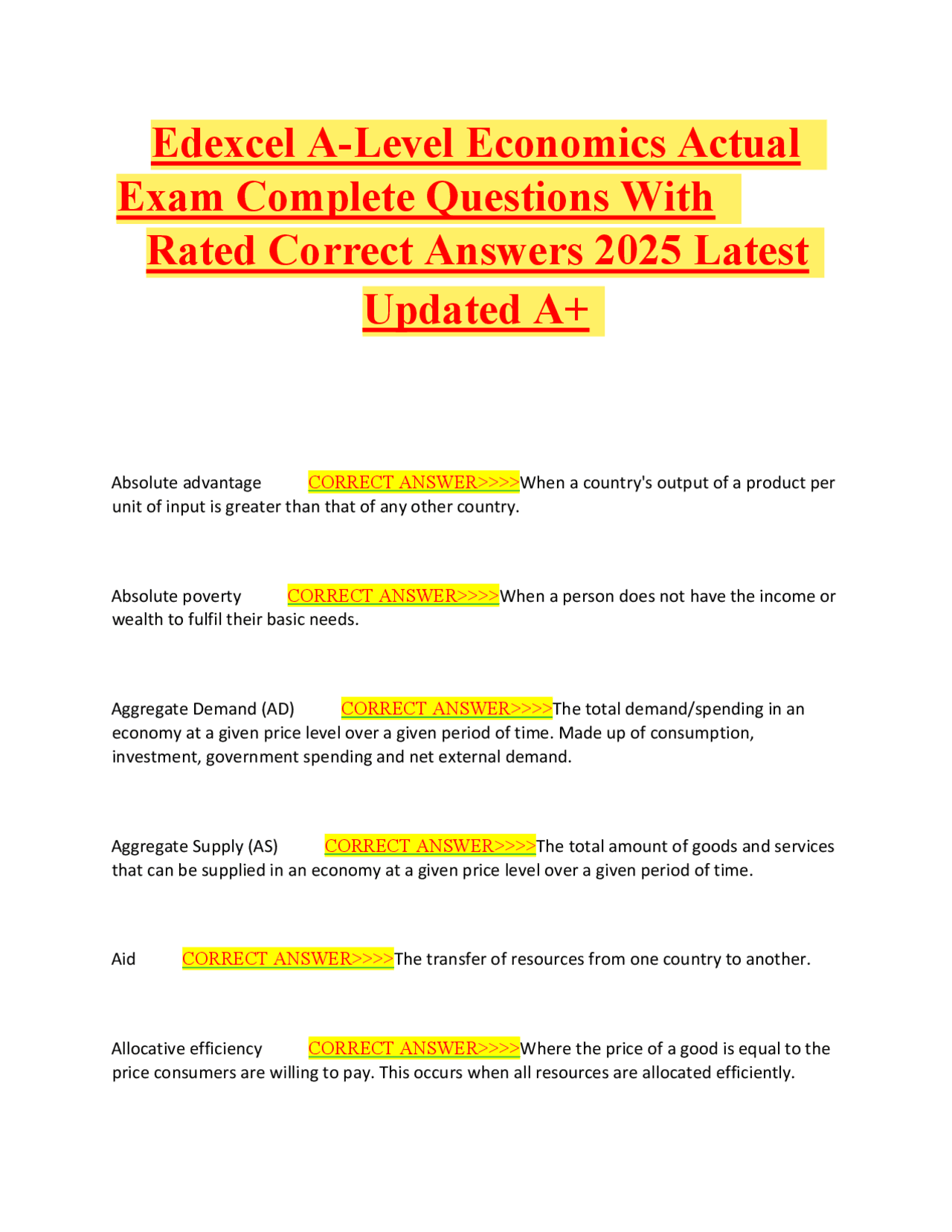 Edexcel A-Level Economics Actual Exam Complete Questions With Rated ...
