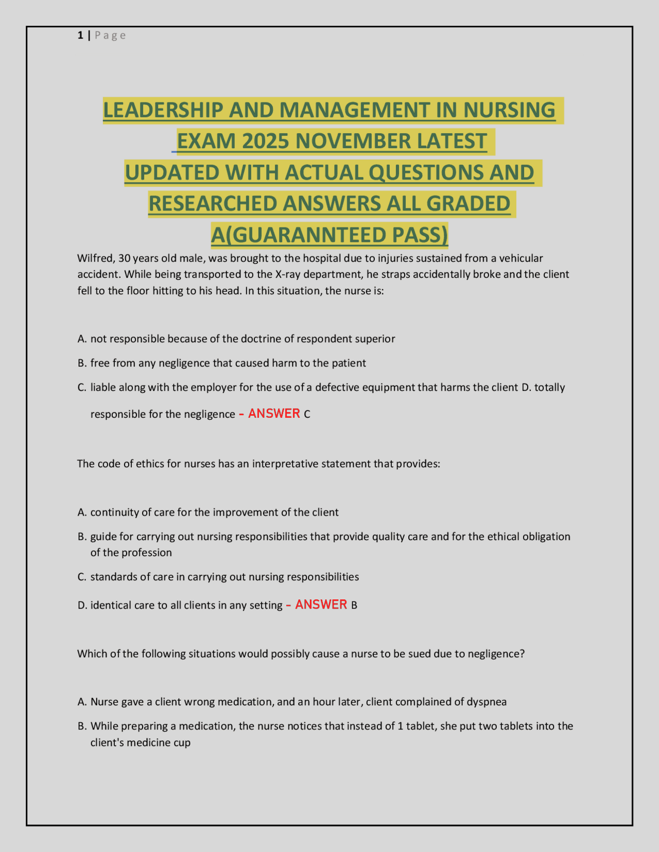 LEADERSHIP AND MANAGEMENT IN NURSING EXAM 2025 NOVEMBER LATEST UPDATED ...