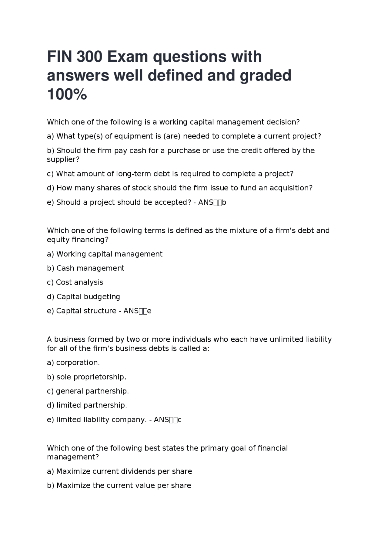 FIN 300 Exam questions with answers well defined and graded 100% ...