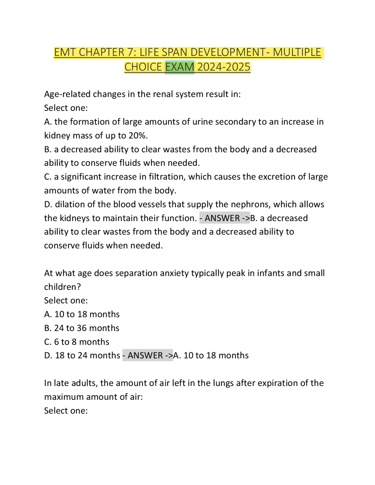 EMT CHAPTER 7: LIFE SPAN DEVELOPMENT - MULTIPLE CHOICE EXAM 2024-2025 ...