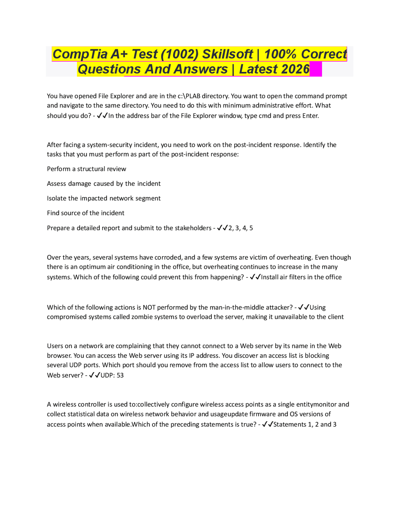 CompTia A+ Test (1002) Skillsoft | 100% Correct Questions And Answers ...