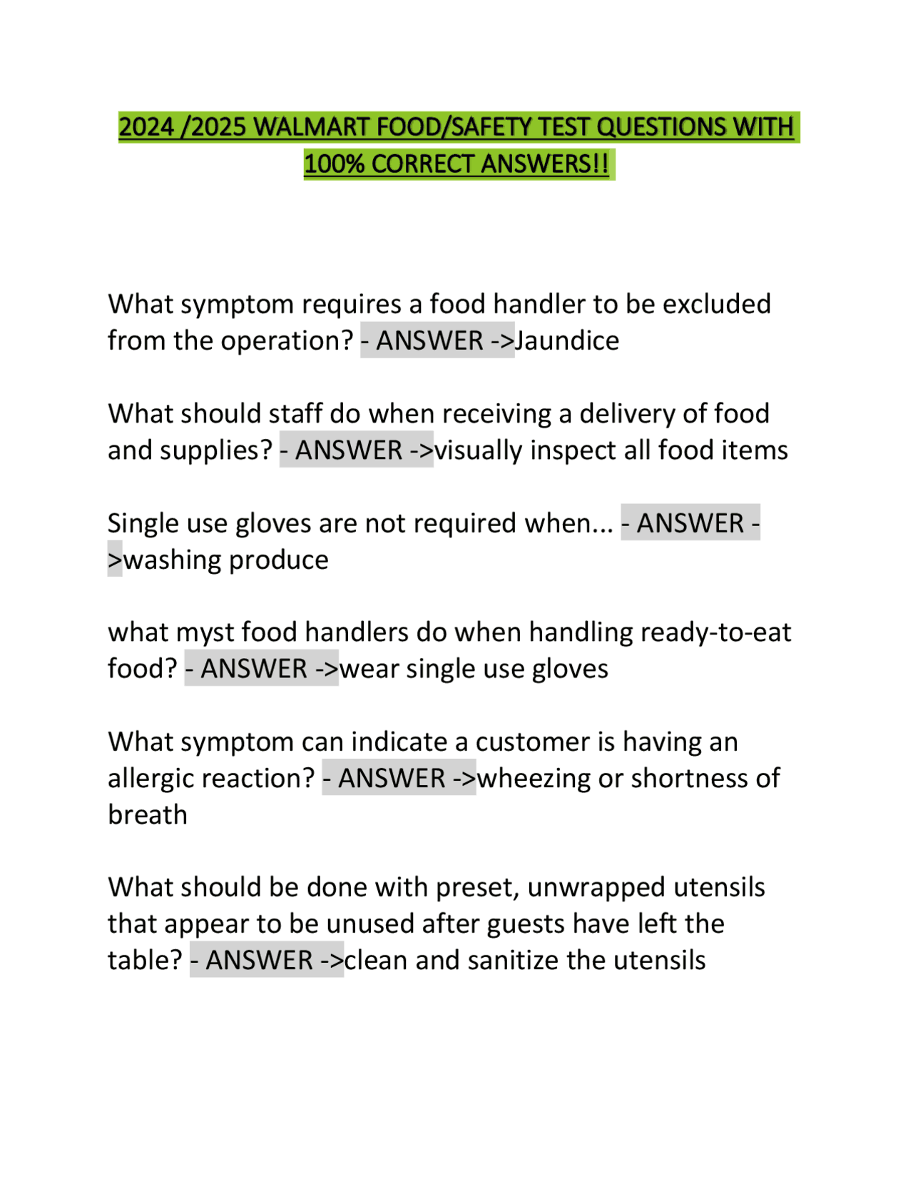 2024 /2025 WALMART FOOD/SAFETY TEST QUESTIONS WITH 100% CORRECT ANSWERS ...