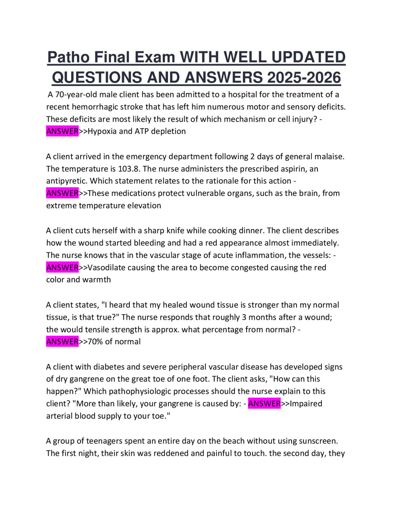 Patho Final Exam WITH WELL UPDATED QUESTIONS AND ANSWERS 2025-2026 ...