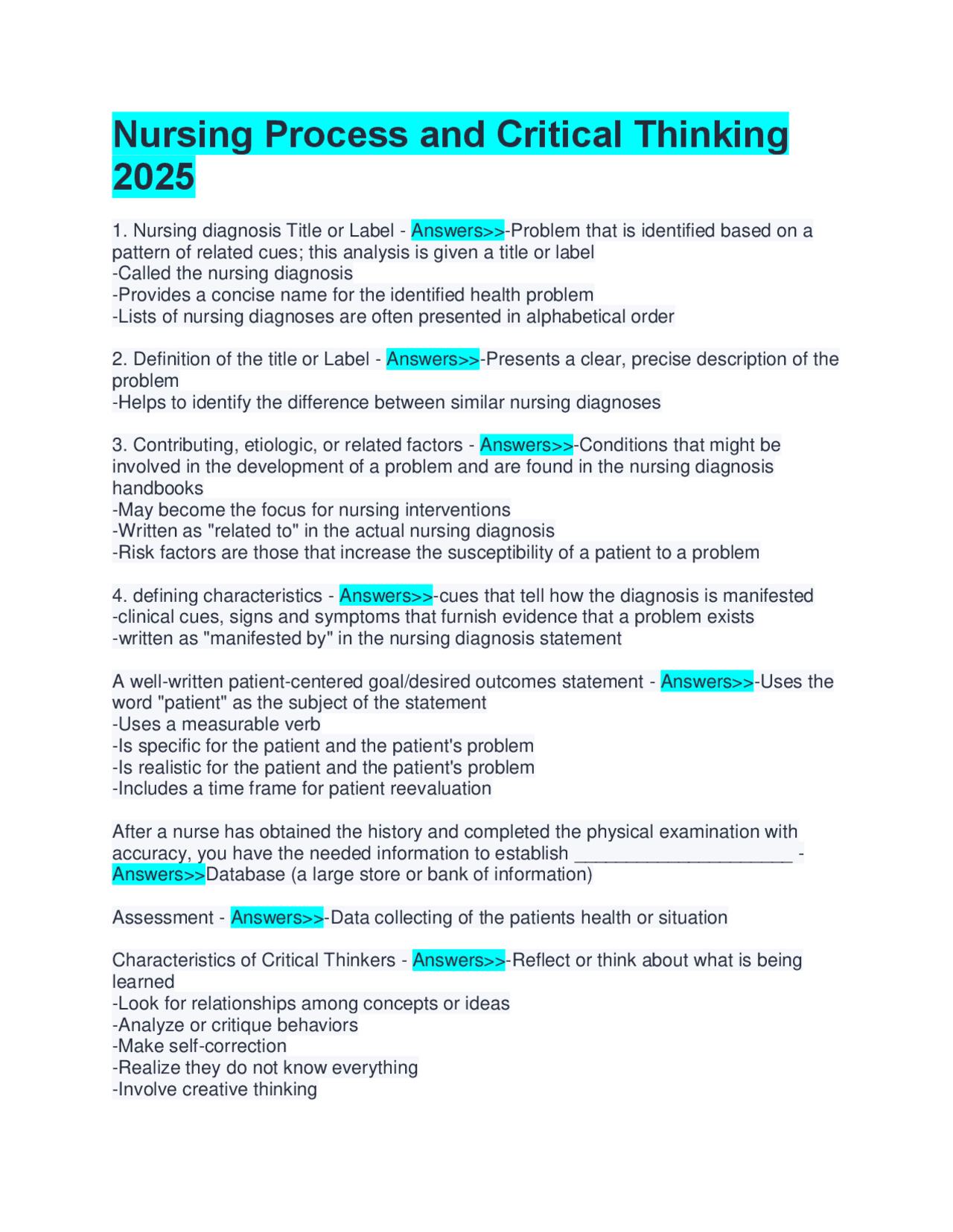 Nursing Process and Critical Thinking 2025 | Exams Clinical Psychology ...