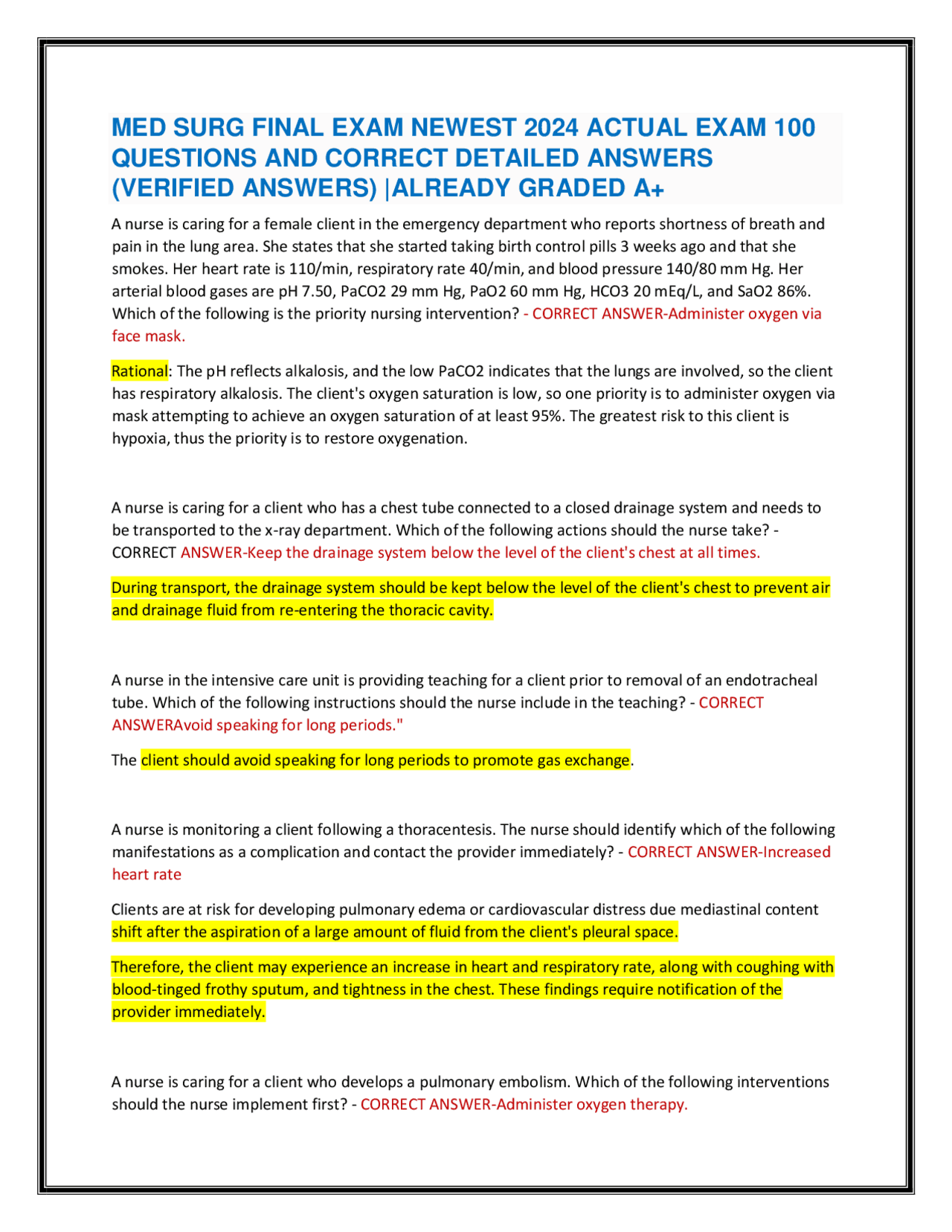MED SURG FINAL EXAM NEWEST 2024 ACTUAL EXAM 100 QUESTIONS AND CORRECT ...