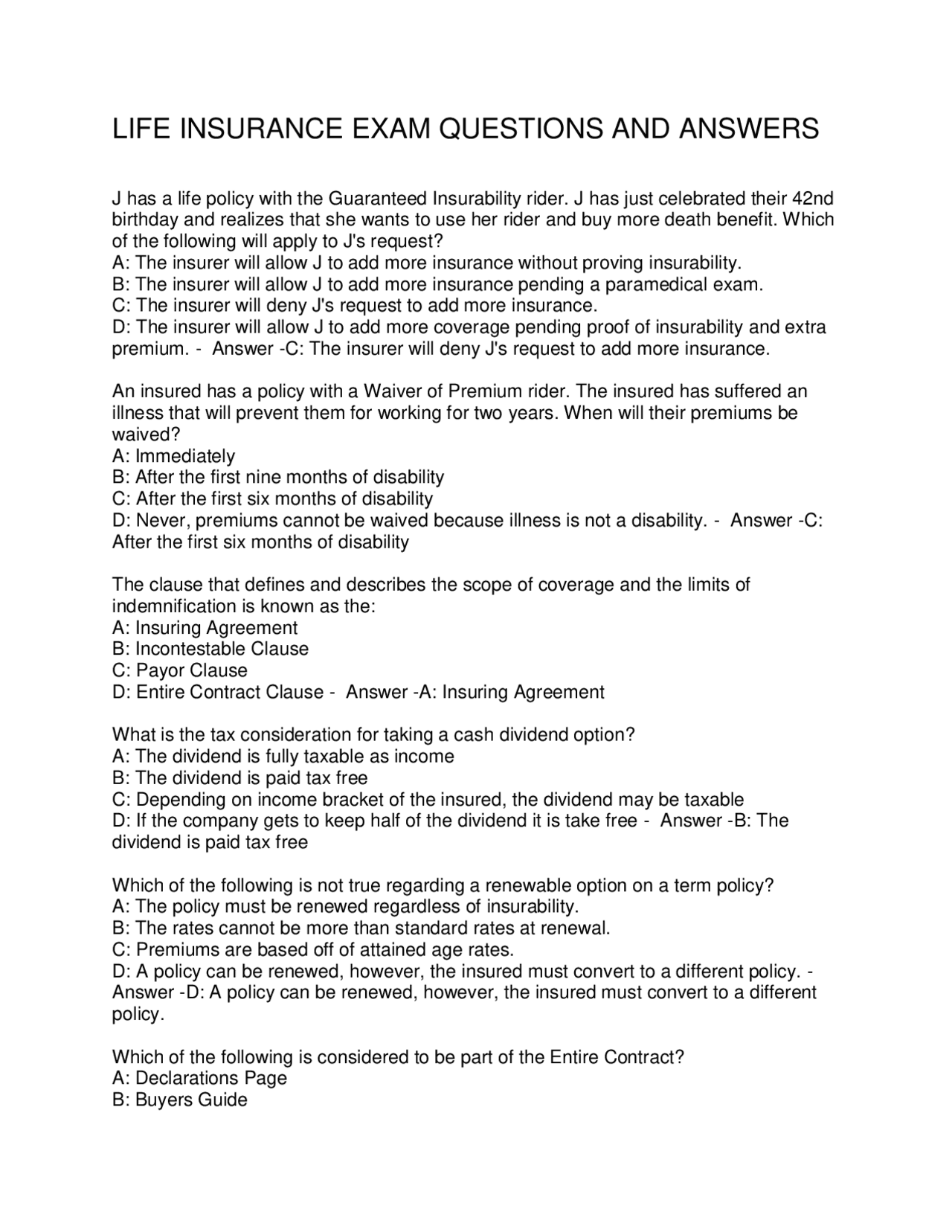 LIFE INSURANCE EXAM QUESTIONS AND ANSWERS | Exams Social Sciences | Docsity