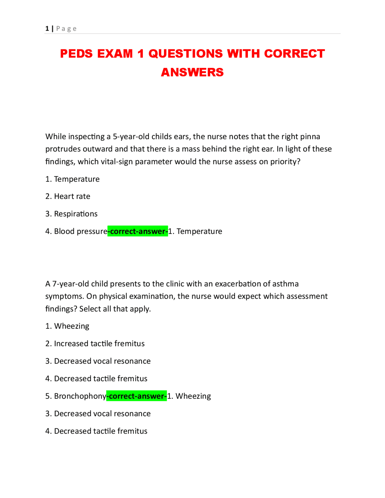PEDS EXAM 1 QUESTIONS WITH CORRECT ANSWERS | Exams Nursing | Docsity