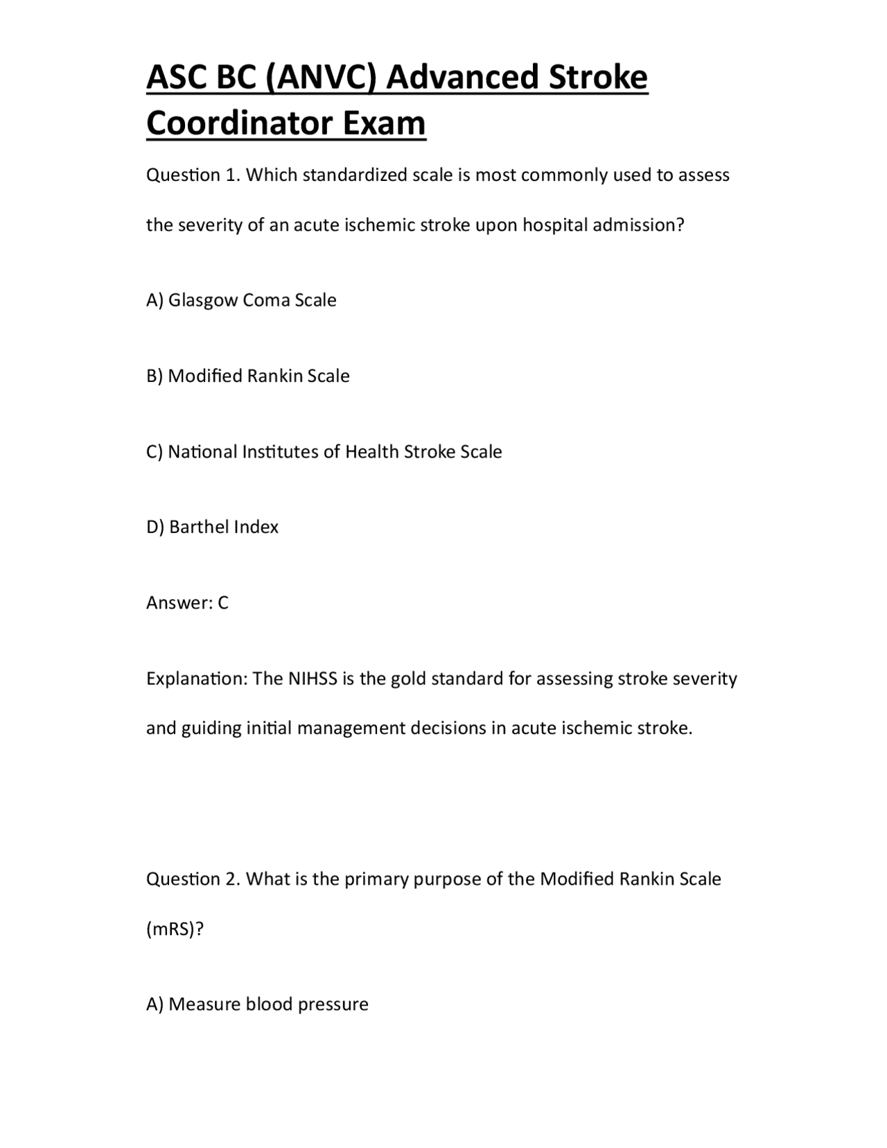 ASC BC (ANVC) Advanced Stroke Coordinator Exam | Exams Technology | Docsity