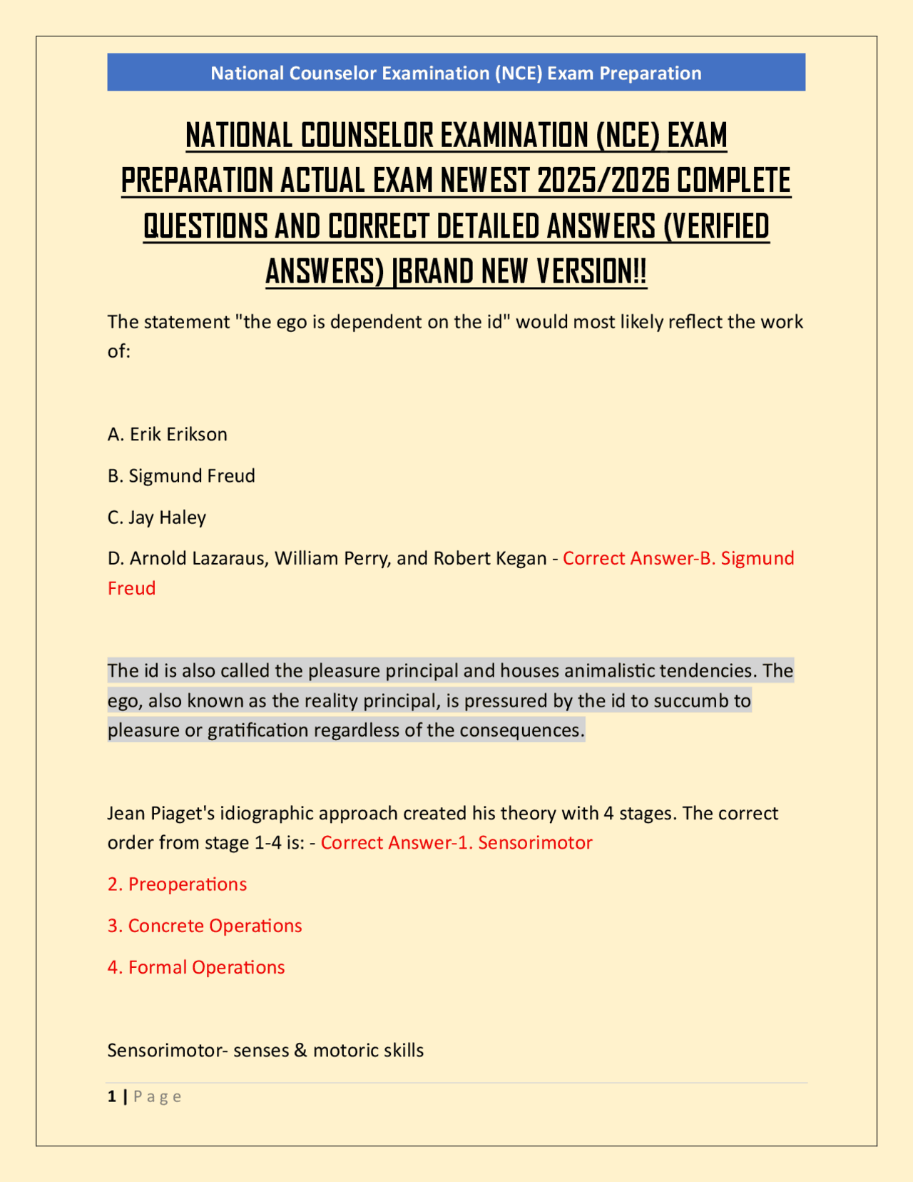 NATIONAL COUNSELOR EXAMINATION (NCE) EXAM PREPARATION ACTUAL EXAM ...