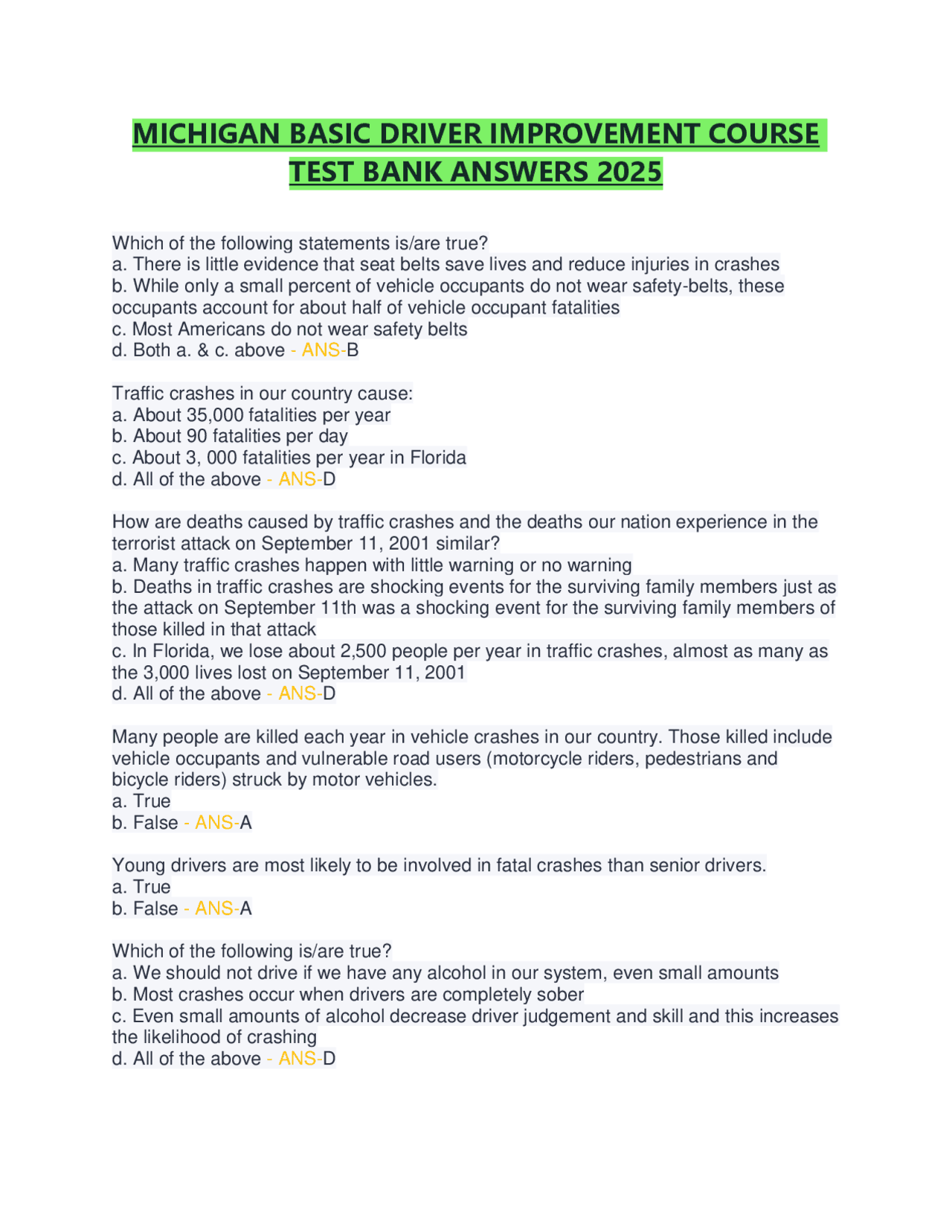 MICHIGAN BASIC DRIVER IMPROVEMENT COURSE TEST BANK ANSWERS 2025 | Exams ...