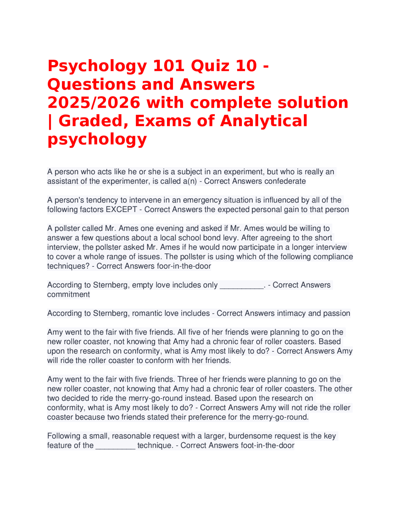 Psychology 101 Quiz 10 - Questions and Answers 2025/2026 with complete ...
