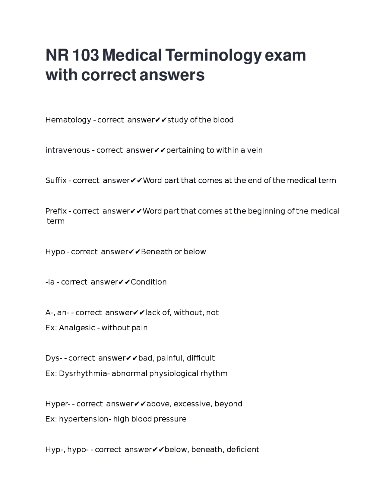 NR 103 Medical Terminology exam with correct answers | Exams Nursing ...