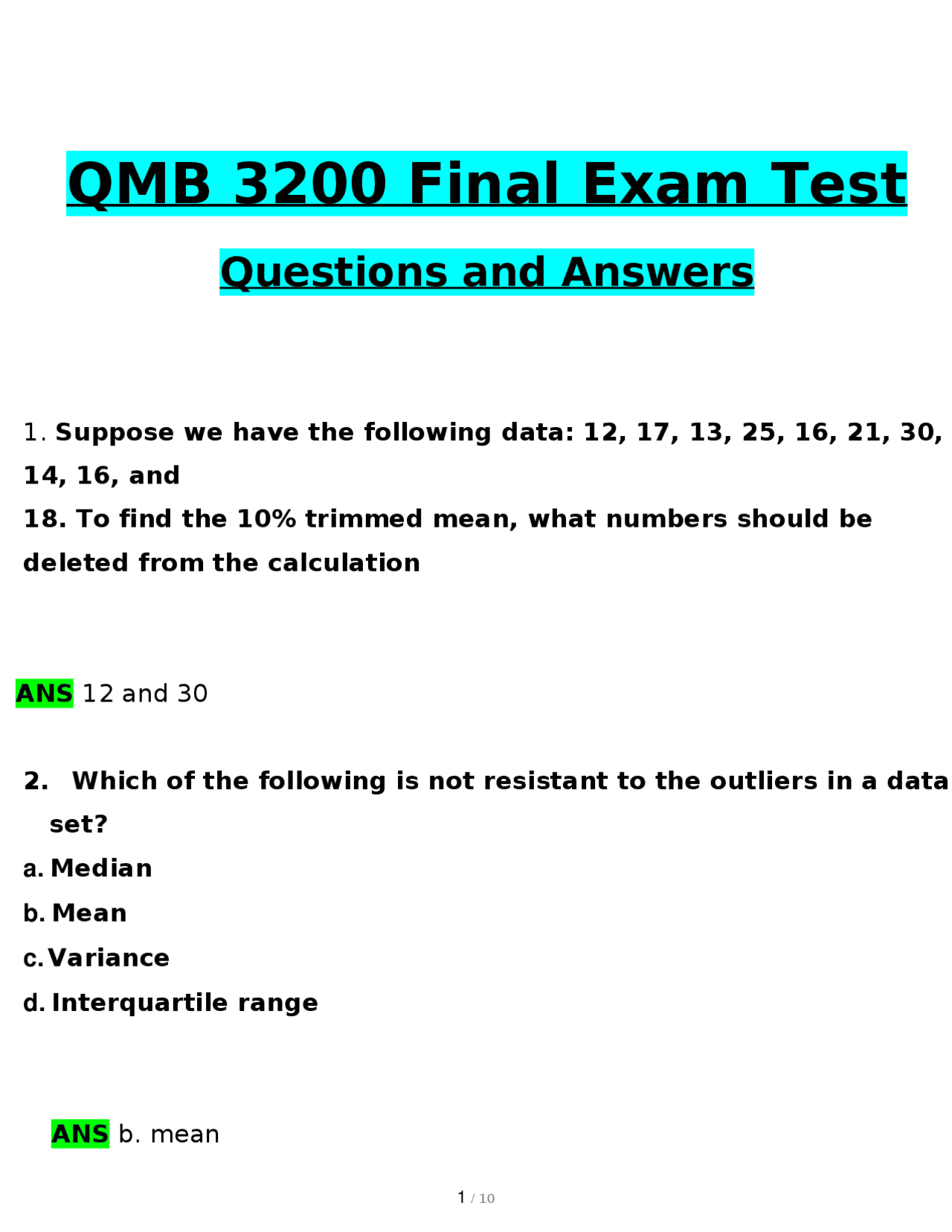 Math Problem Qmb QMB 3200 Final Exam Test | 2025 Questions and Verified Answers ...