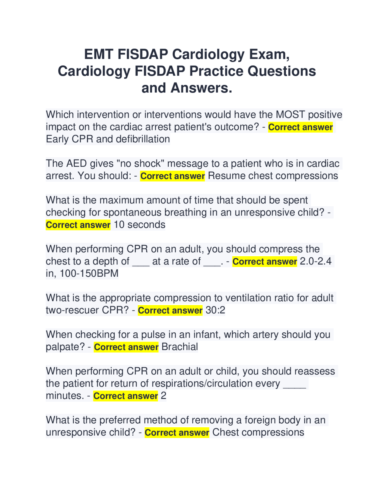 Cardiology FISDAP Exam Practice Questions and Answers | Exams ...
