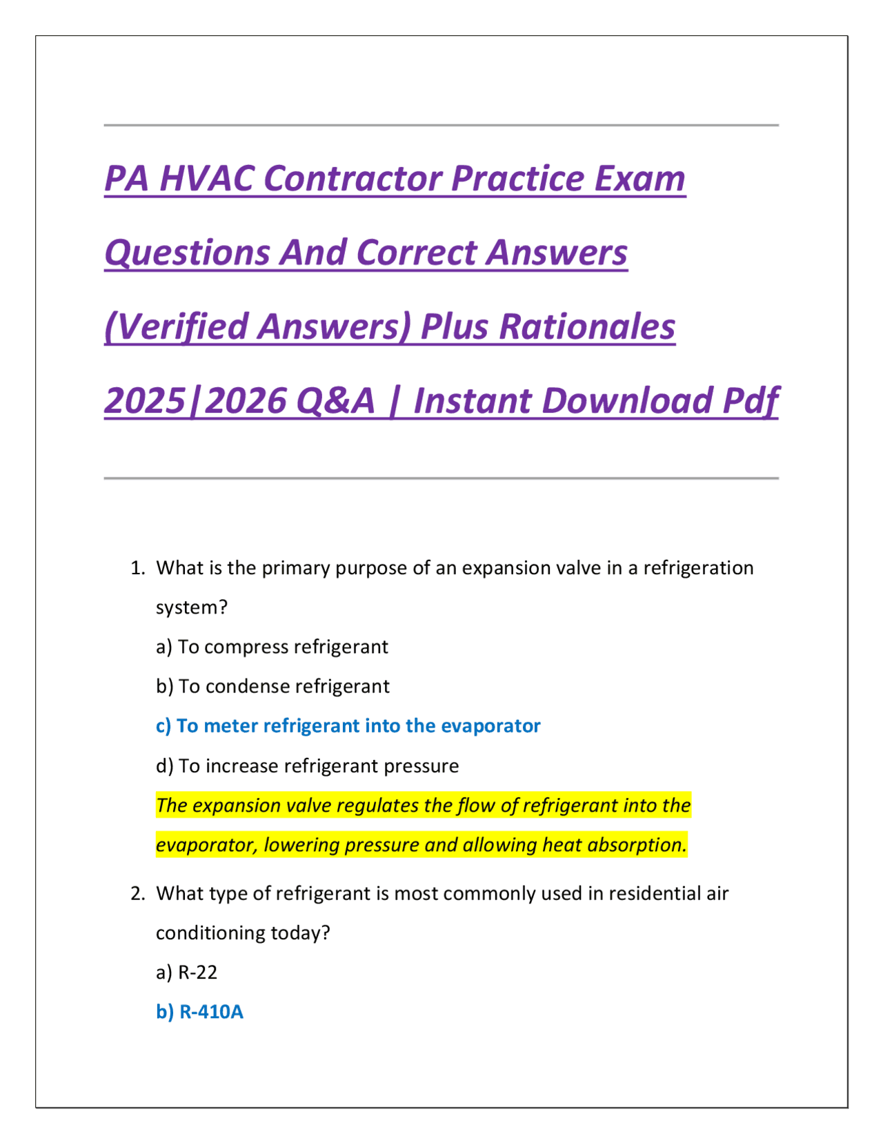 HVAC Contractor Practice Exam: Questions and Answers for 2025/2026 ...