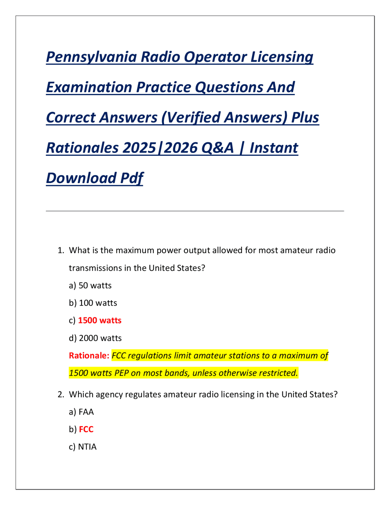 Pennsylvania Radio Operator Licensing Examination Practice Questions ...
