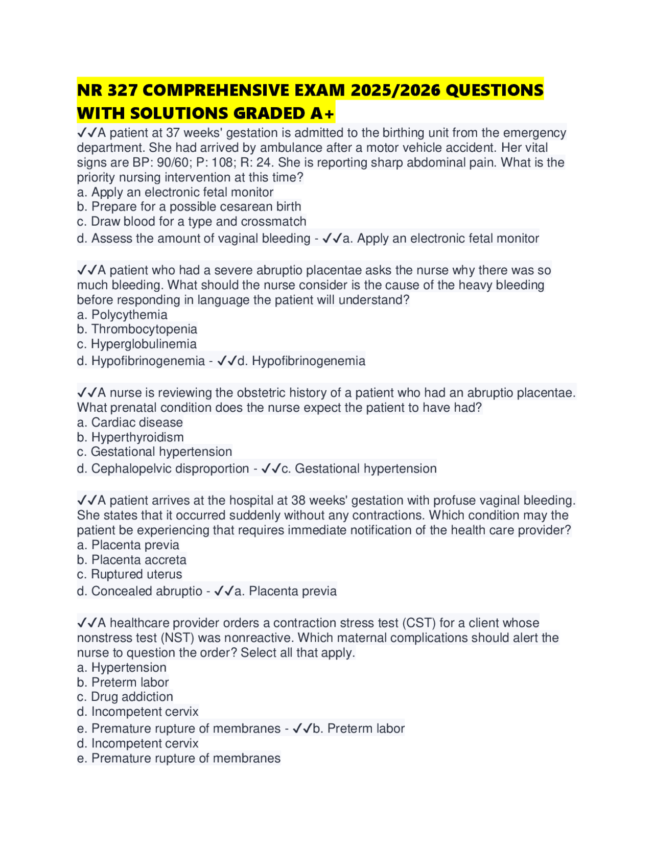 NR 327 COMPREHENSIVE EXAM 2025/2026 QUESTIONS WITH SOLUTIONS GRADED A+ ...