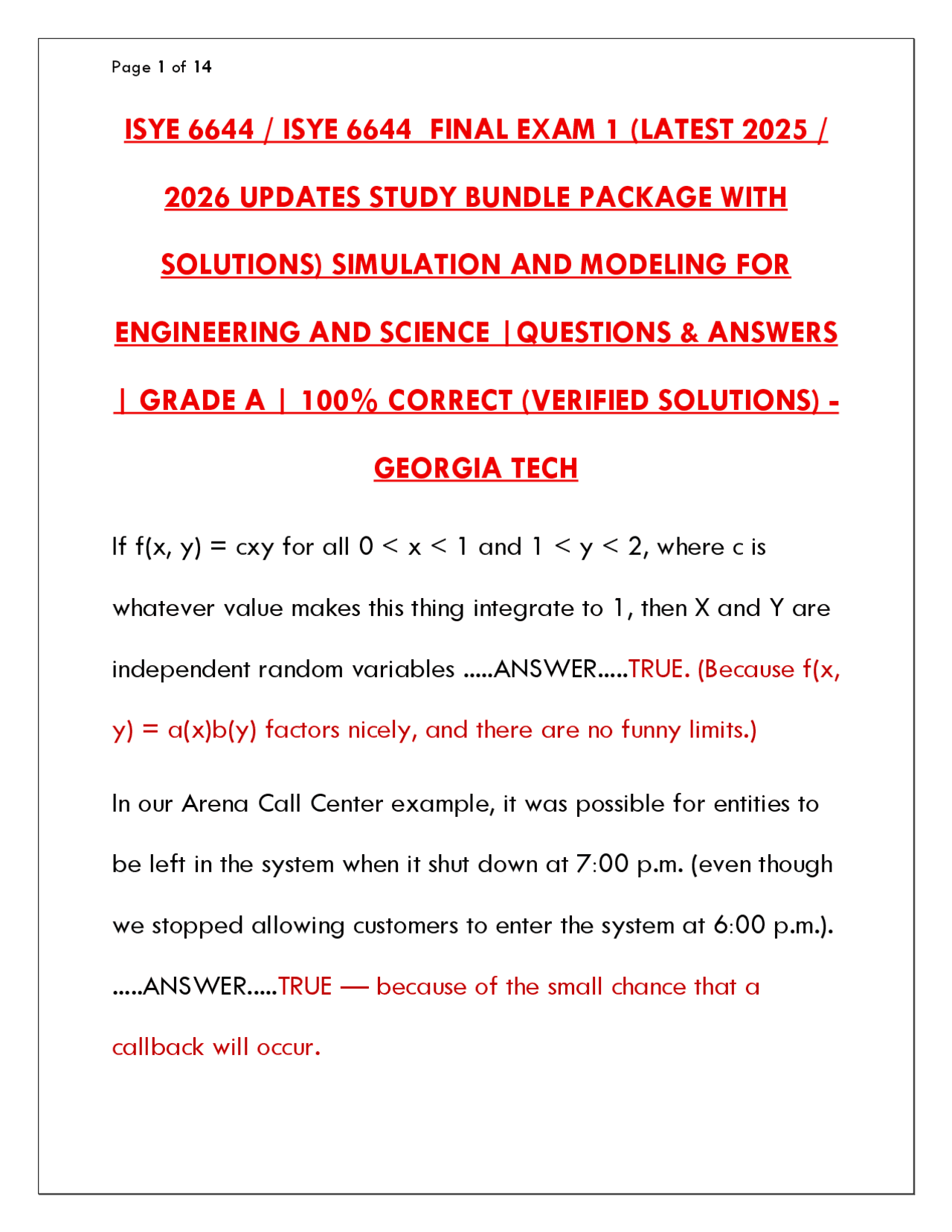 ISYE 6644 Final Exam Study Guide: Simulation and Modeling Q&A | Exams ...
