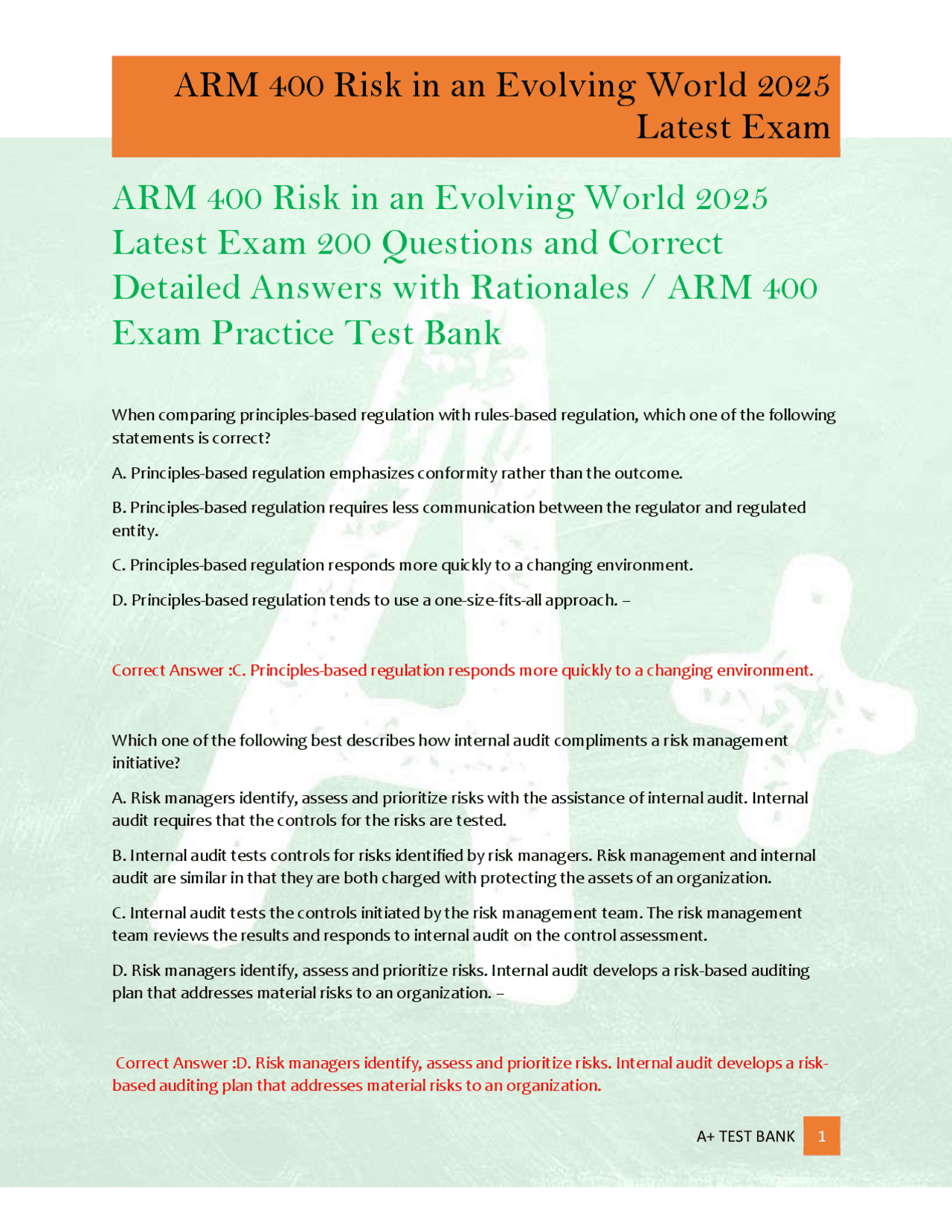 ARM 400 Risk Management Exam Questions and Answers | Exams Nursing ...