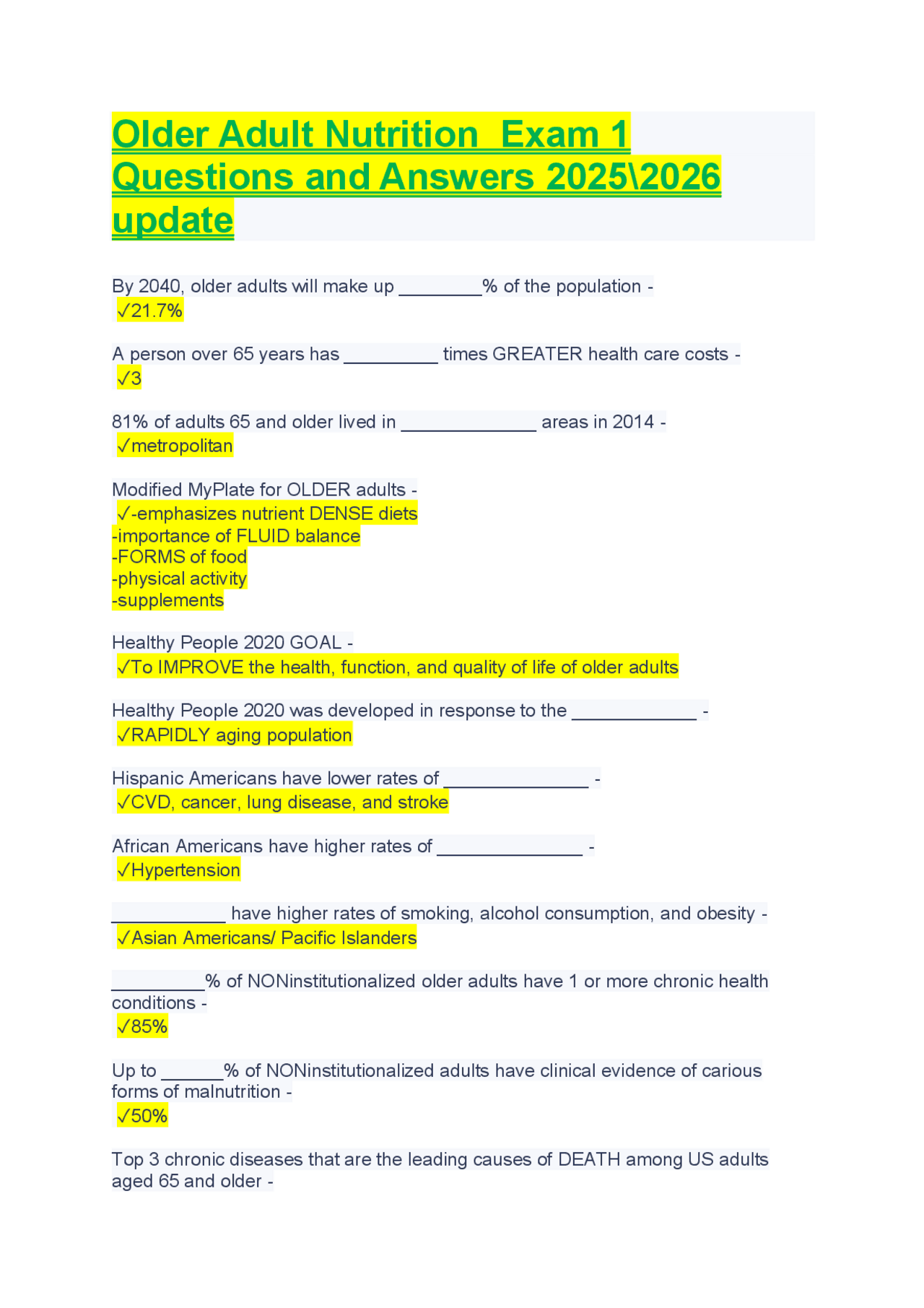 Older Adult Nutrition Exam Questions and Answers | Exams Nutrition ...