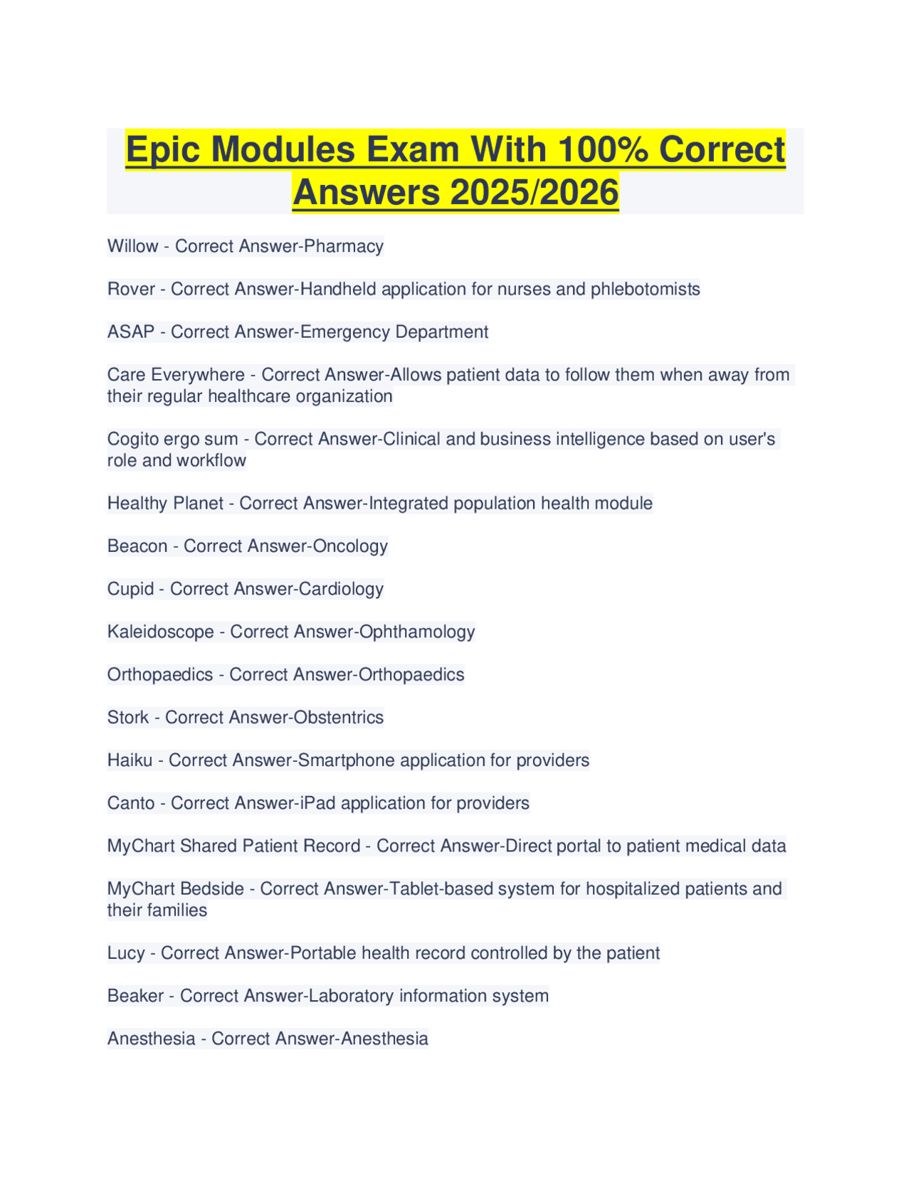 Epic Modules Exam Questions and Answers 2025/2026 | Exams Advanced ...