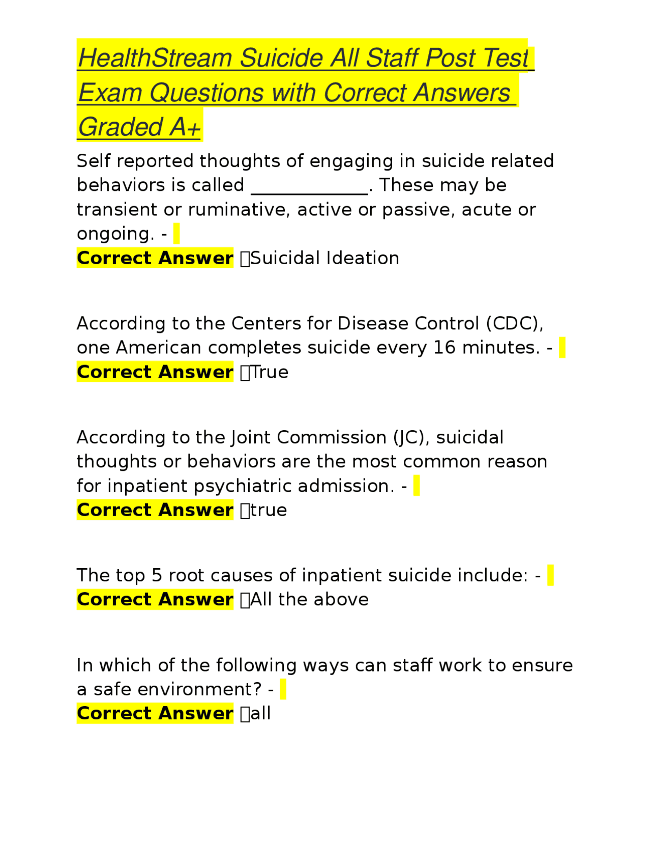 HealthStream Suicide Prevention Training: Exam Questions and Answers ...