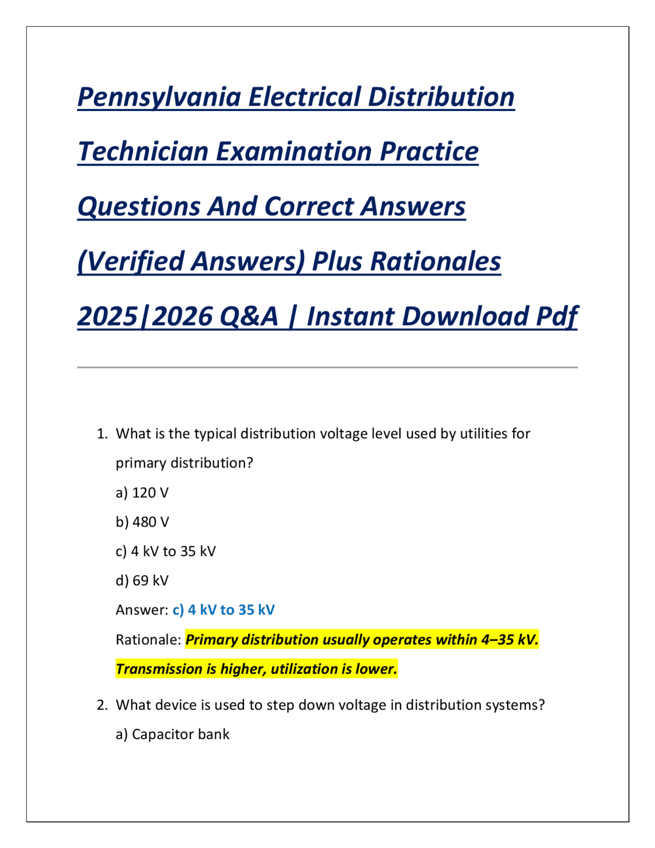 Pa Electrical Examples Pennsylvania Electrical Distribution Technician Examination Practice ...