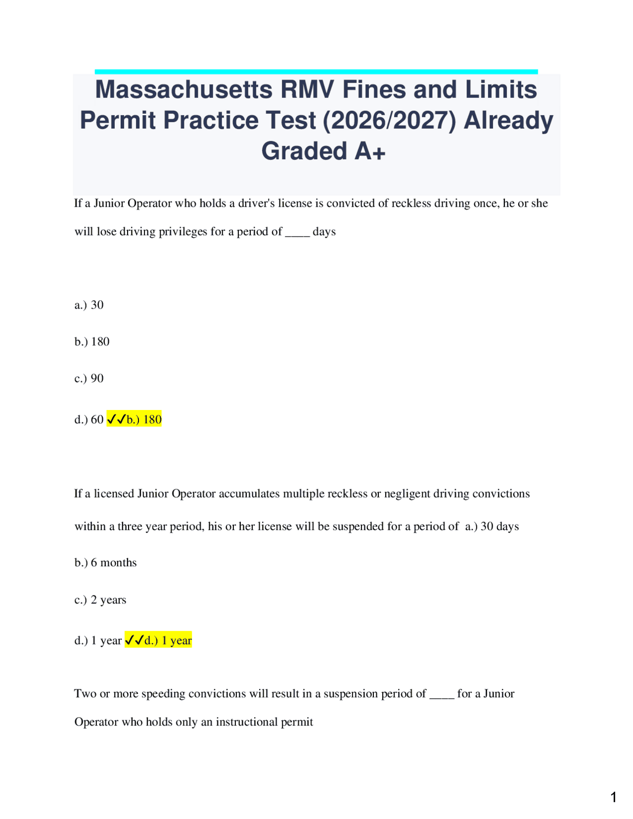 Massachusetts RMV Permit Practice Test 2026/2027 | Exams Traffic Control and Regulation | Docsity