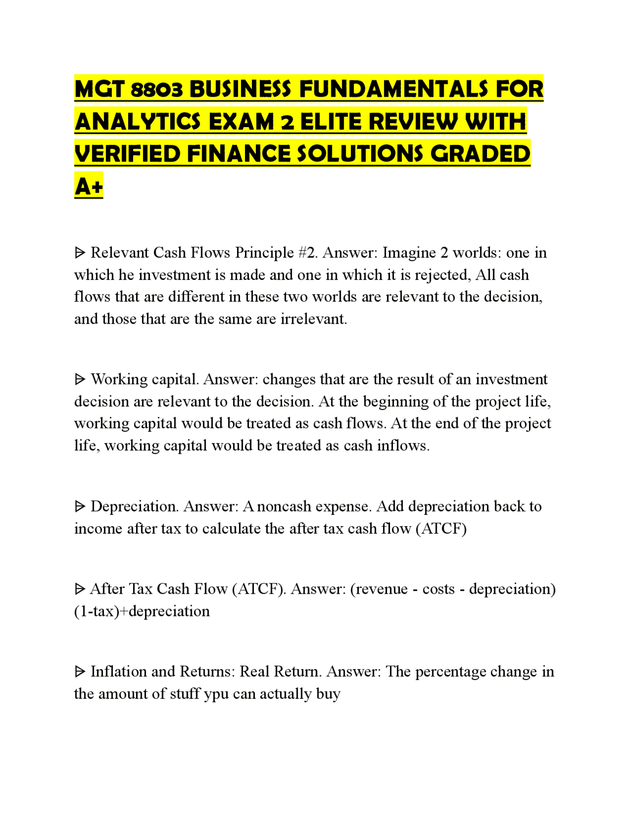 MGT 8803 BUSINESS FUNDAMENTALS FOR ANALYTICS EXAM 2 ELITE REVIEW WITH ...