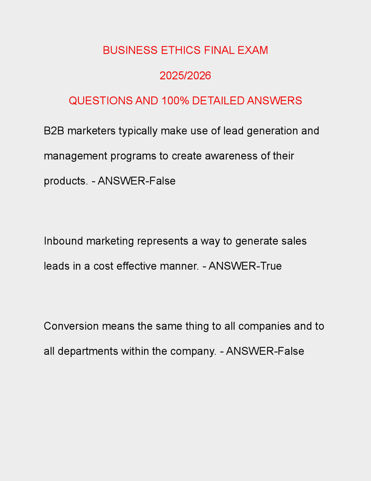 Business Ethics Final Exam Questions and Answers 2025/2026 | Exams ...