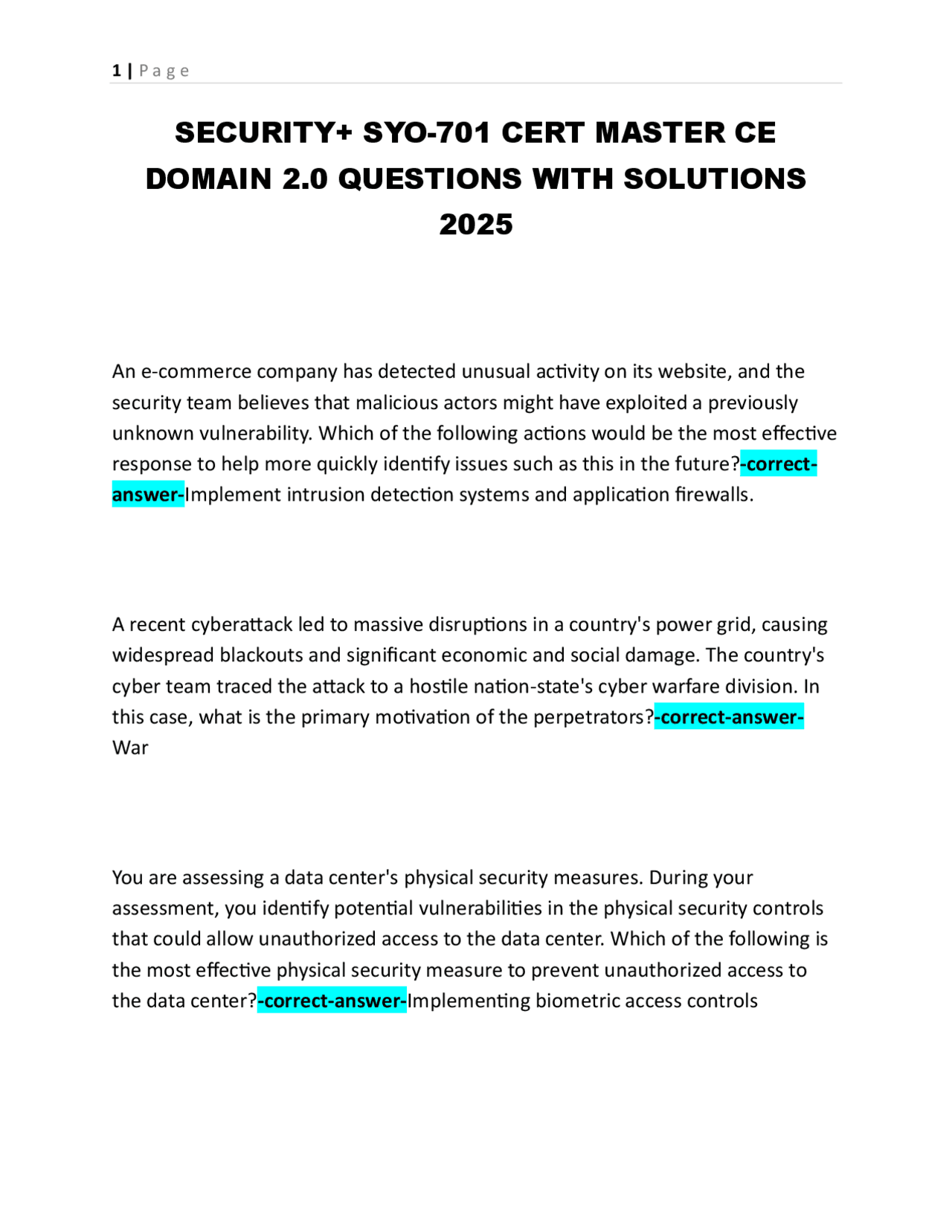 Security+ SYO-701 Certification Exam Questions and Solutions | Exams ...