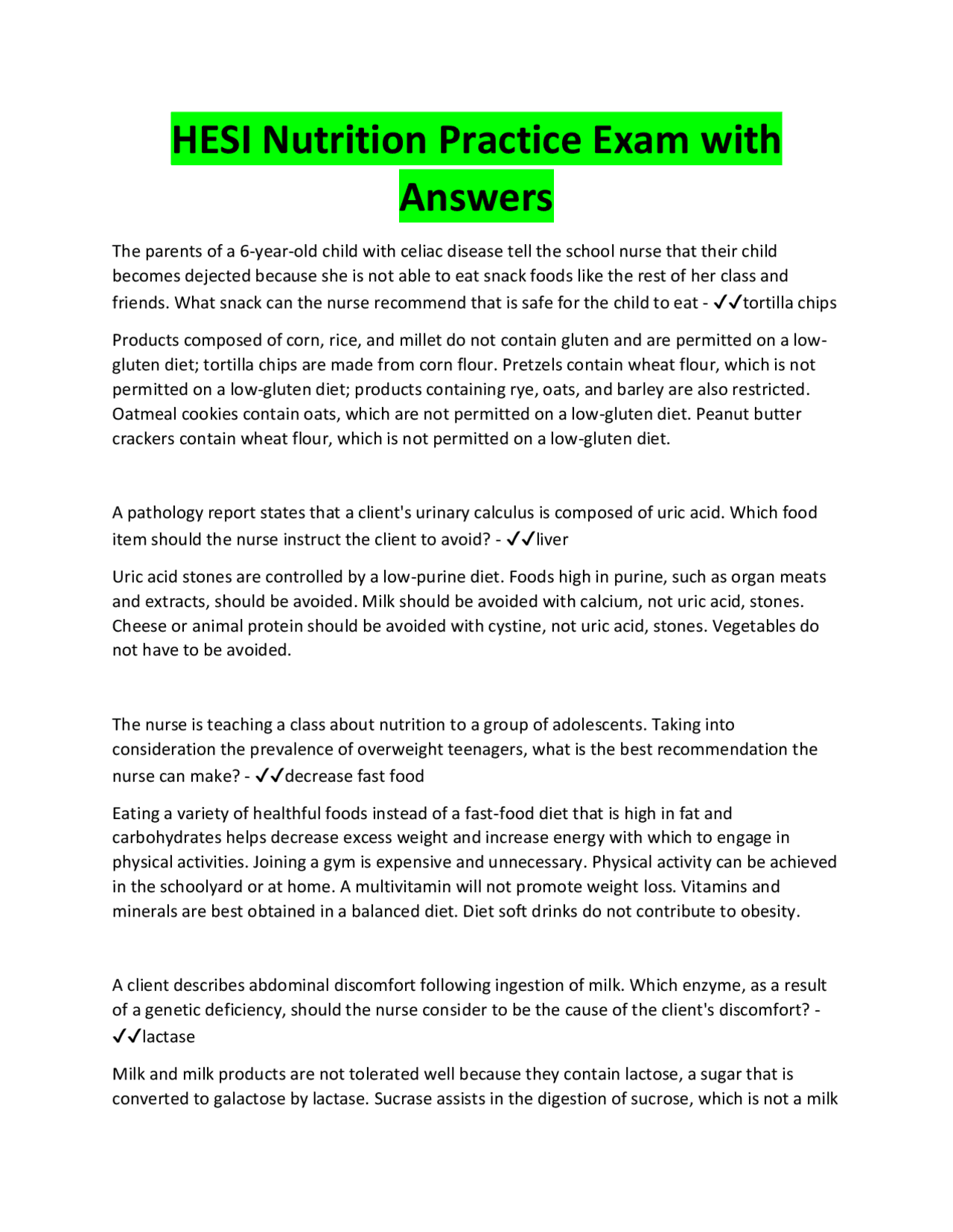 Nutrition Practice Exam with Answers | Exams Nutrition | Docsity
