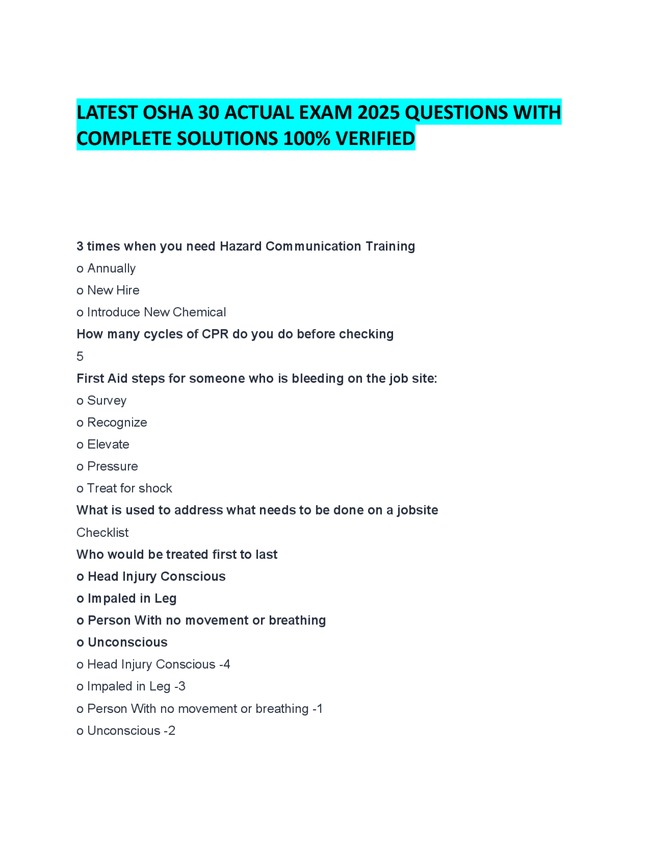 LATEST OSHA 30 ACTUAL EXAM 2025 QUESTIONS WITH COMPLETE SOLUTIONS 100% ...