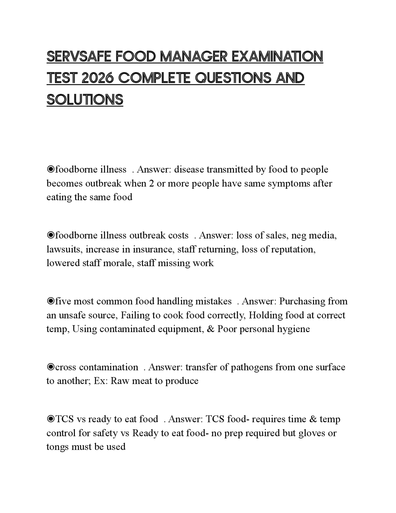 SERVSAFE FOOD MANAGER EXAMINATION TEST 2026 COMPLETE QUESTIONS AND ...
