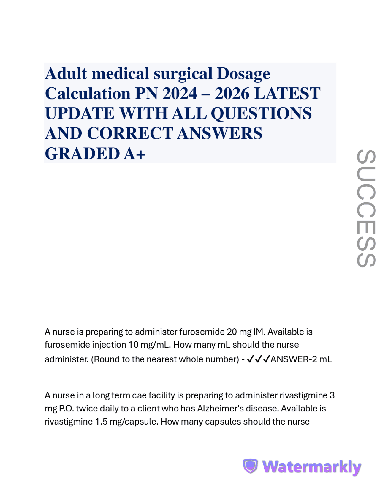 Dosage Calculation Practice Questions for Nurses | Exams Nursing | Docsity