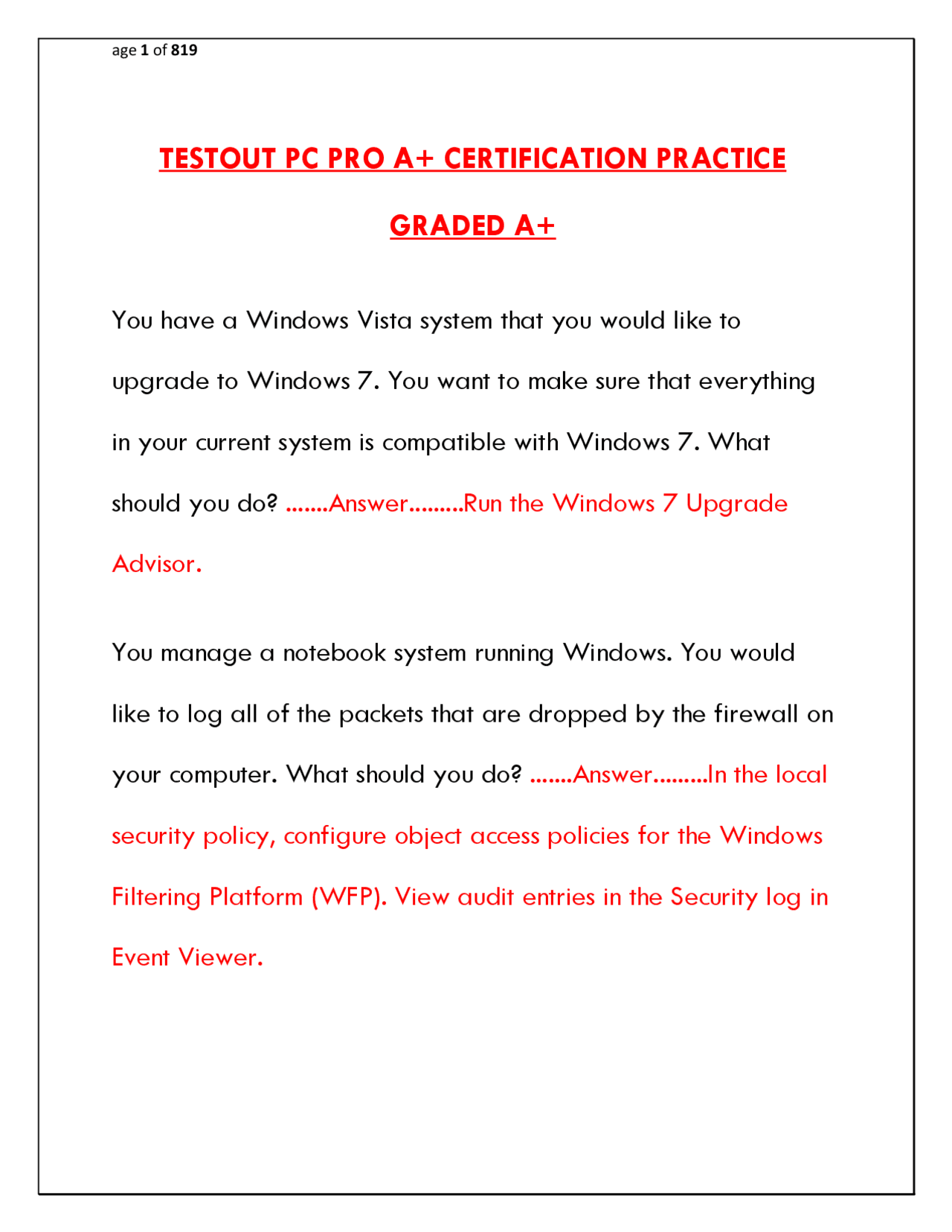 CompTIA A+ Exam - Full TestOut PC Pro Practice Questions & Answers ...